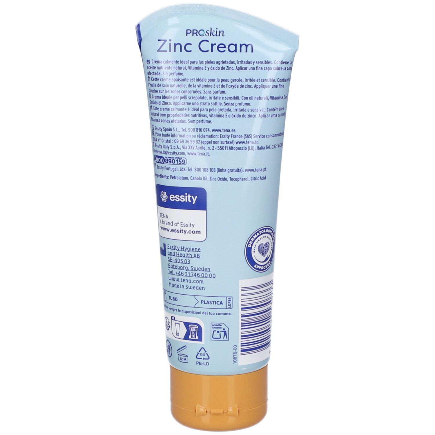 Retro del tubo di crema allo zinco Tena Proskin. Contiene ingredienti, informazioni del produttore e indicazioni per il riciclo.