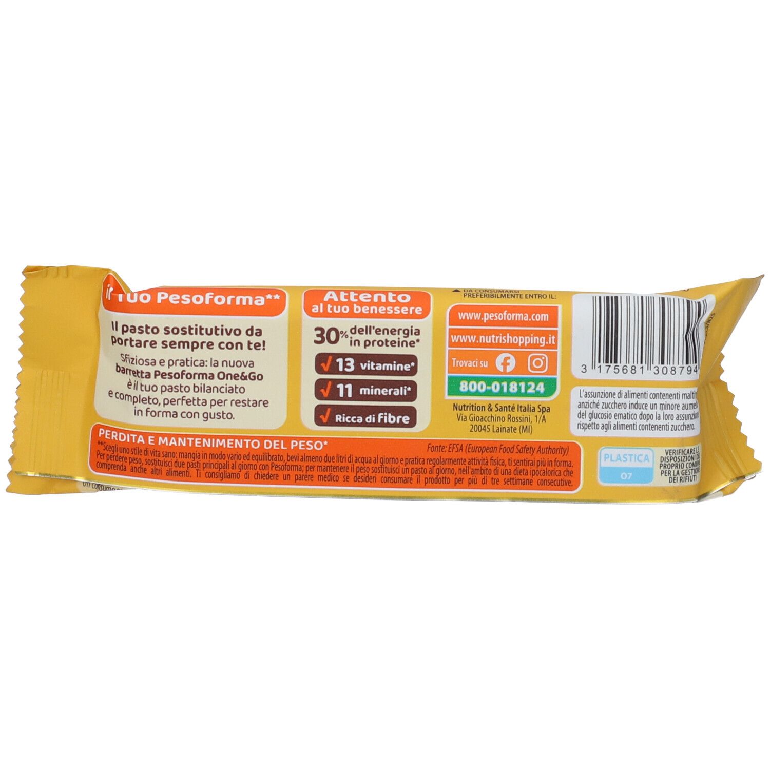 Retro della confezione gialla. Testo: Pesoforma, 30% energia, 13 vitamine, 11 minerali, ricco di fibre. Codice a barre e informazioni di contatto.