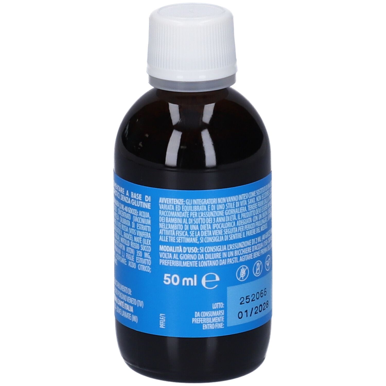 Flacone di vetro marrone con tappo bianco. Retro con testo e area blu. Testo: 50 ml, 01/2028.