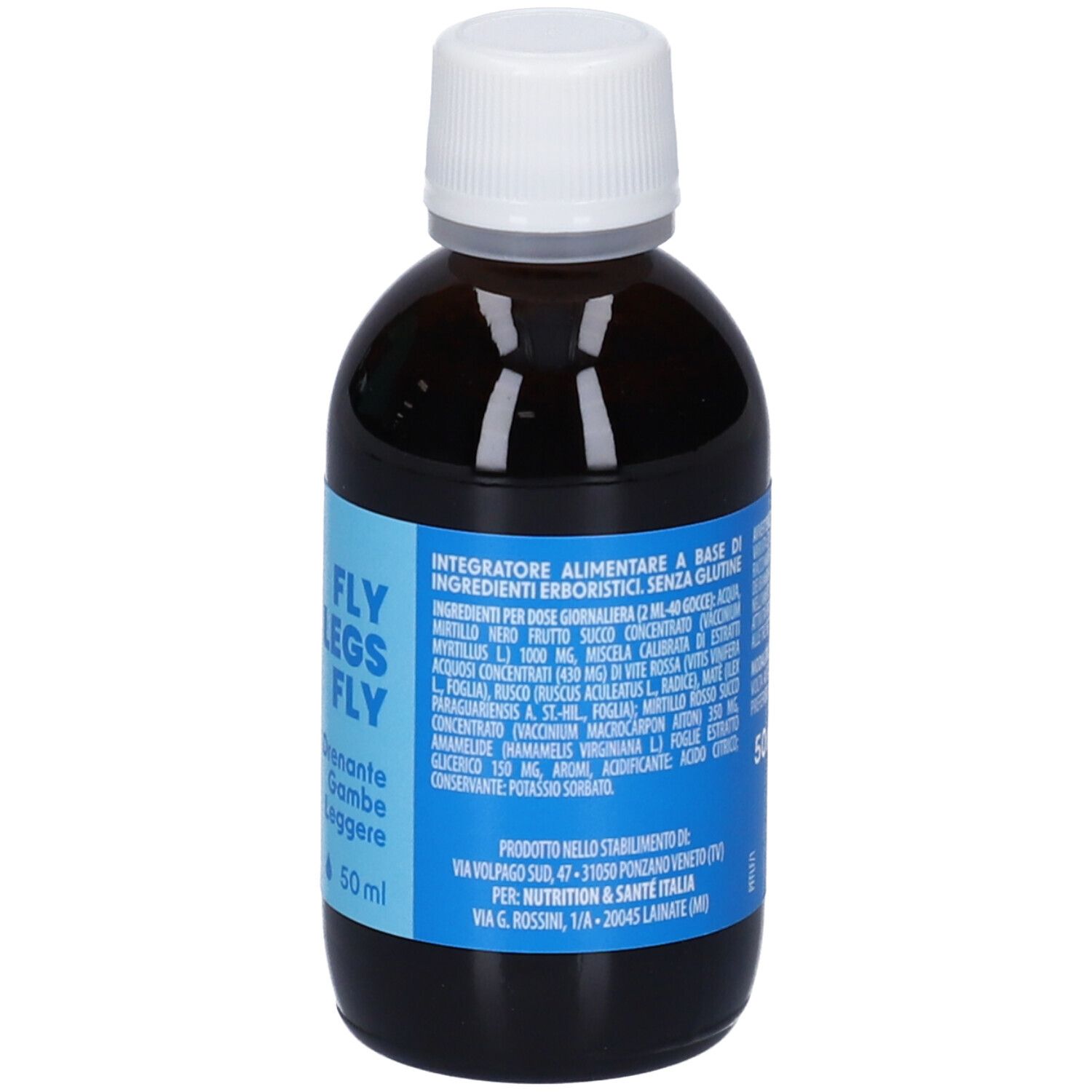 Flacone di vetro marrone con tappo bianco. Retro con testo e area blu. Testo: 50 ml, ingredienti.