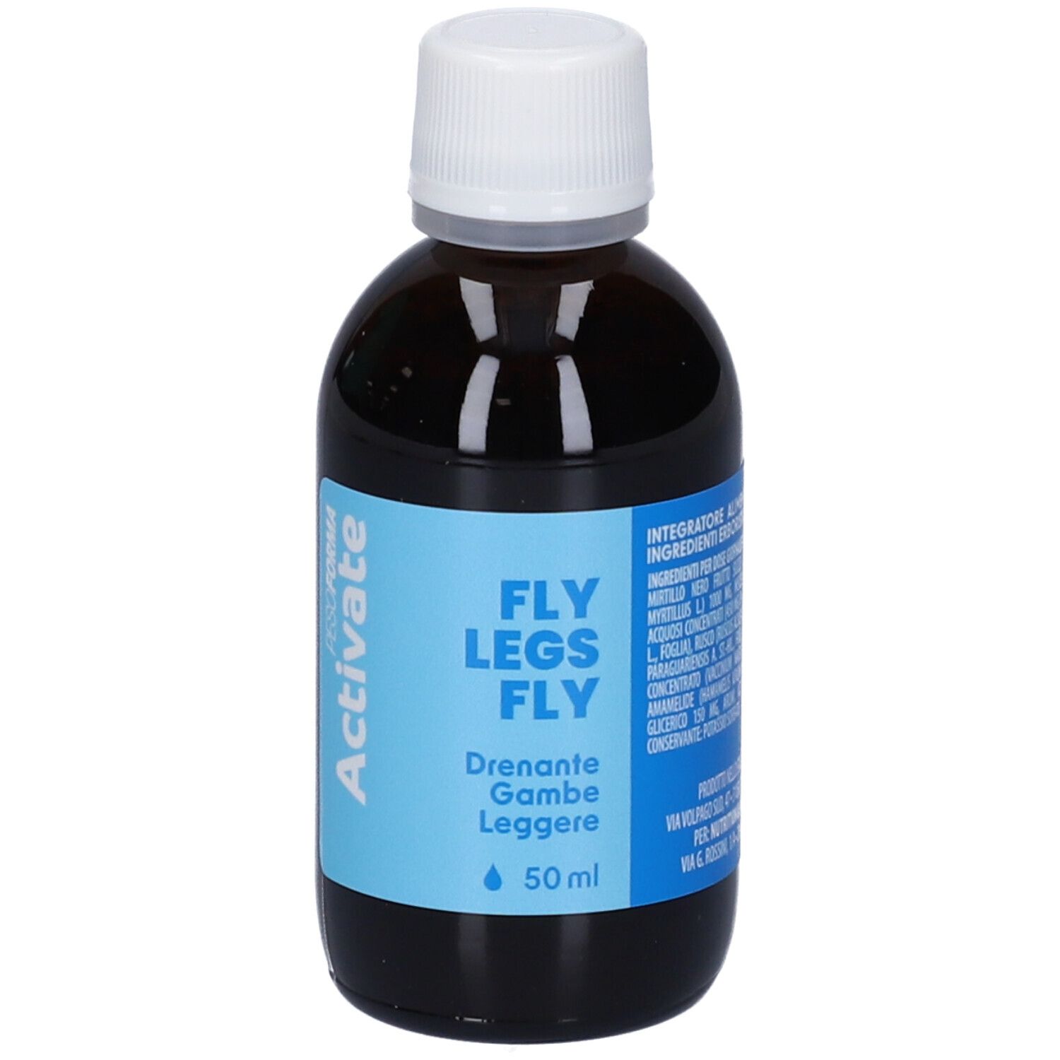 Flacone di vetro marrone con tappo bianco. Etichetta con nome del prodotto e area blu. Testo: Fly Legs Fly, 50 ml.