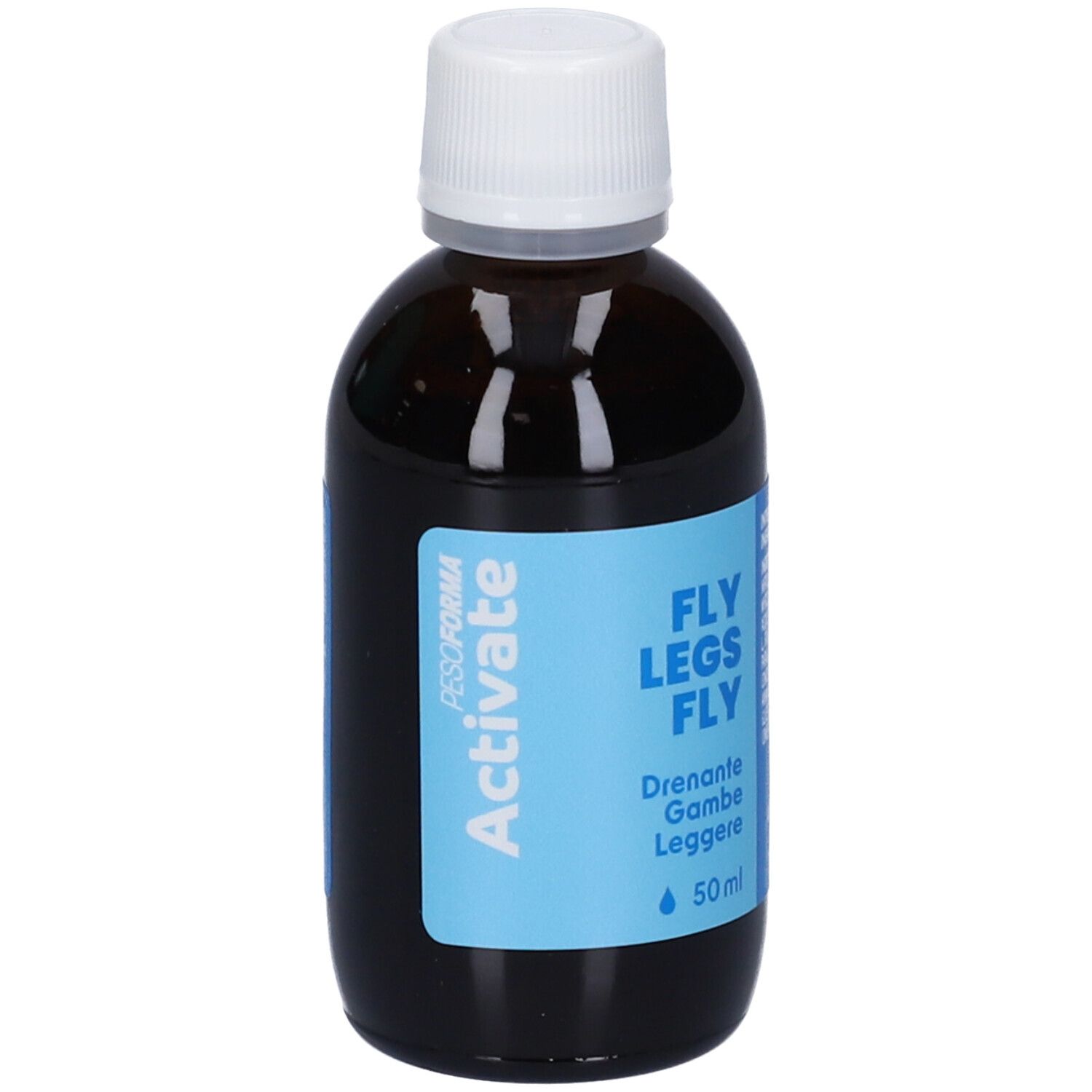 Flacone di vetro marrone con tappo bianco. Etichetta con nome del prodotto e area blu. Testo: Pesoforma Activate, 50 ml.