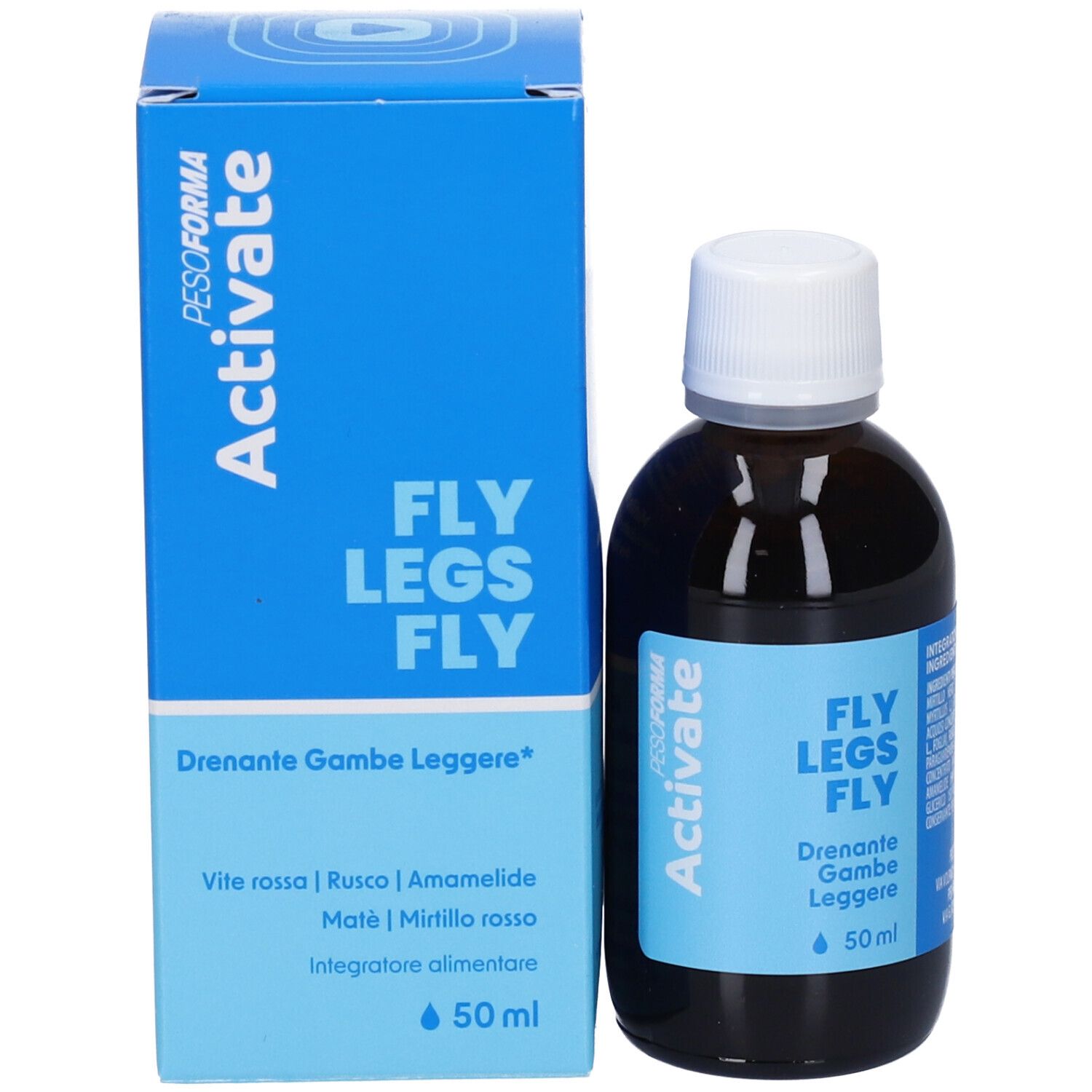 Flacone e confezione del prodotto. Confezione blu con nome del prodotto e ingredienti. Testo: Pesoforma Activate, 50 ml.