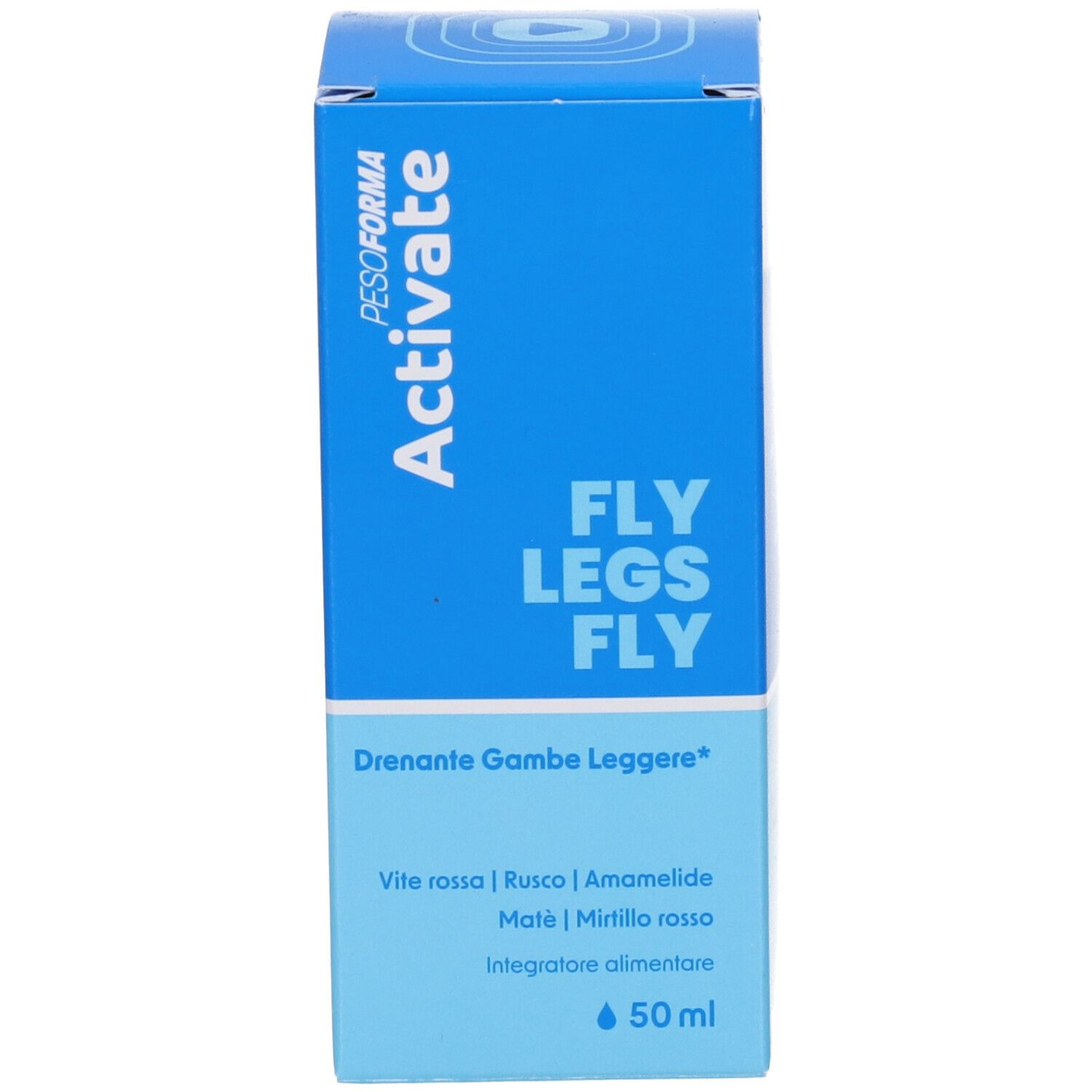 Confezione blu con nome del prodotto e ingredienti. Testo: Pesoforma Activate, Fly Legs Fly, 50 ml.