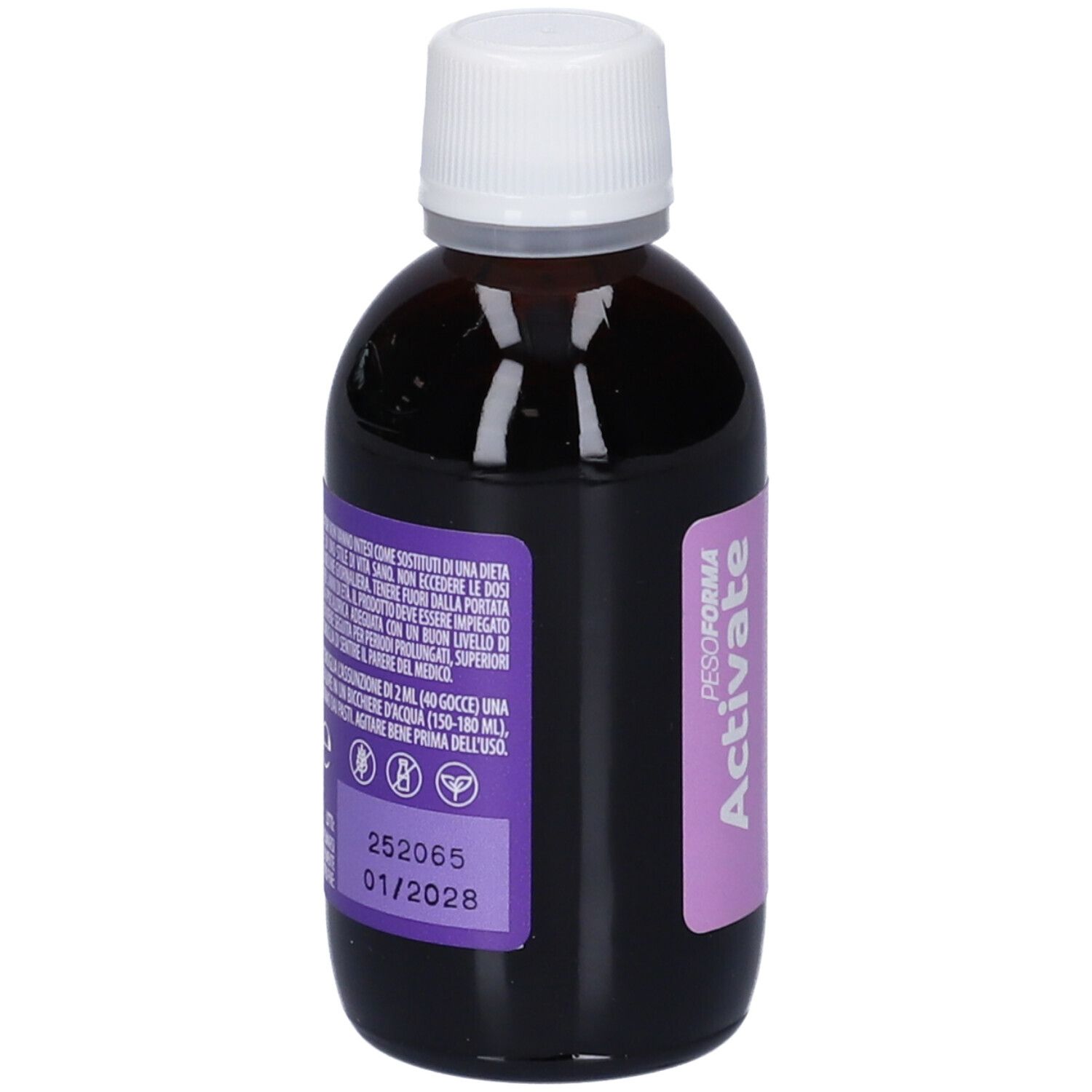 Flacone di vetro marrone con tappo bianco. Etichetta viola con testo e numero di lotto 252065, scadenza 01/2028.