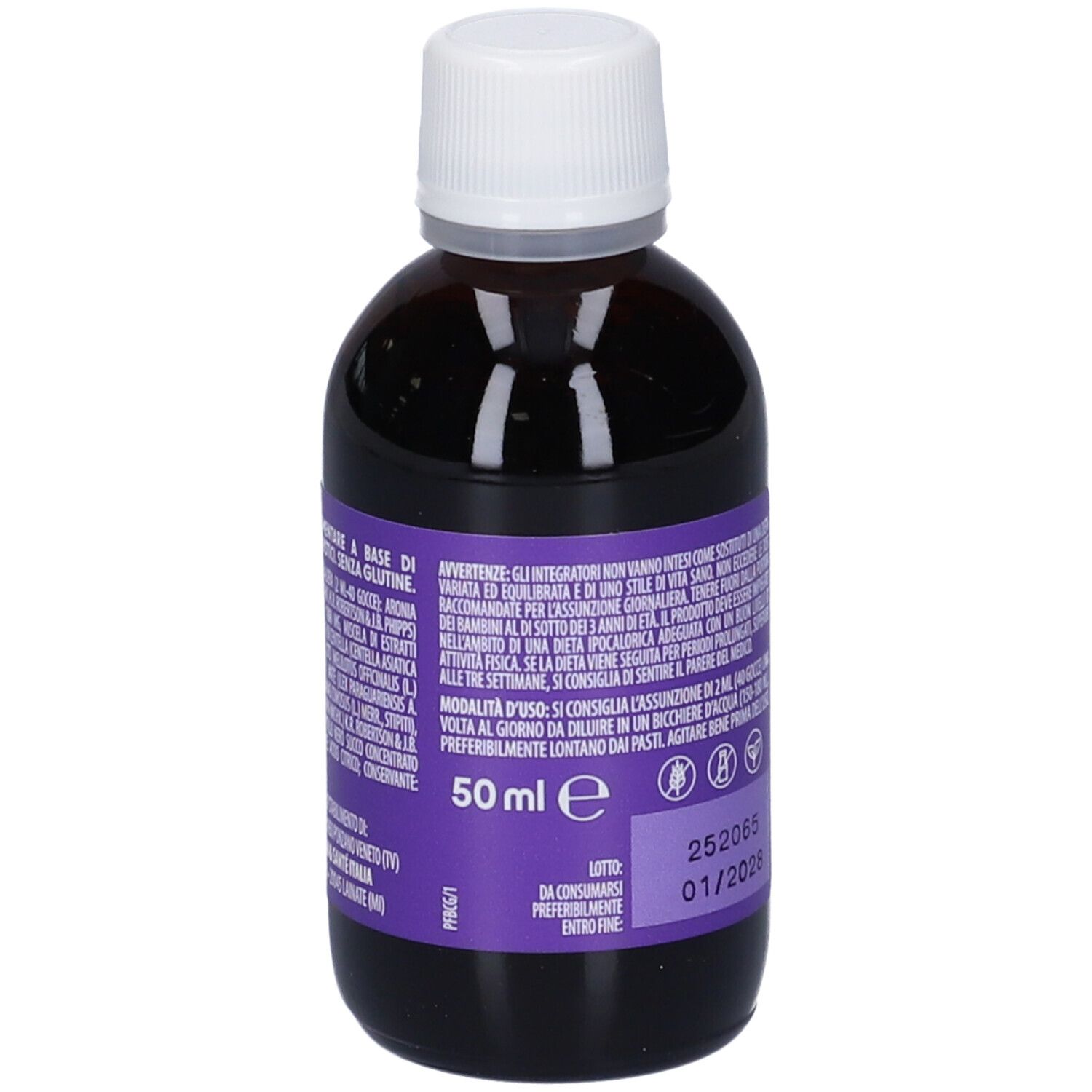 Flacone di vetro marrone con tappo bianco. Etichetta viola con testo e numero di lotto 252065, scadenza 01/2028.