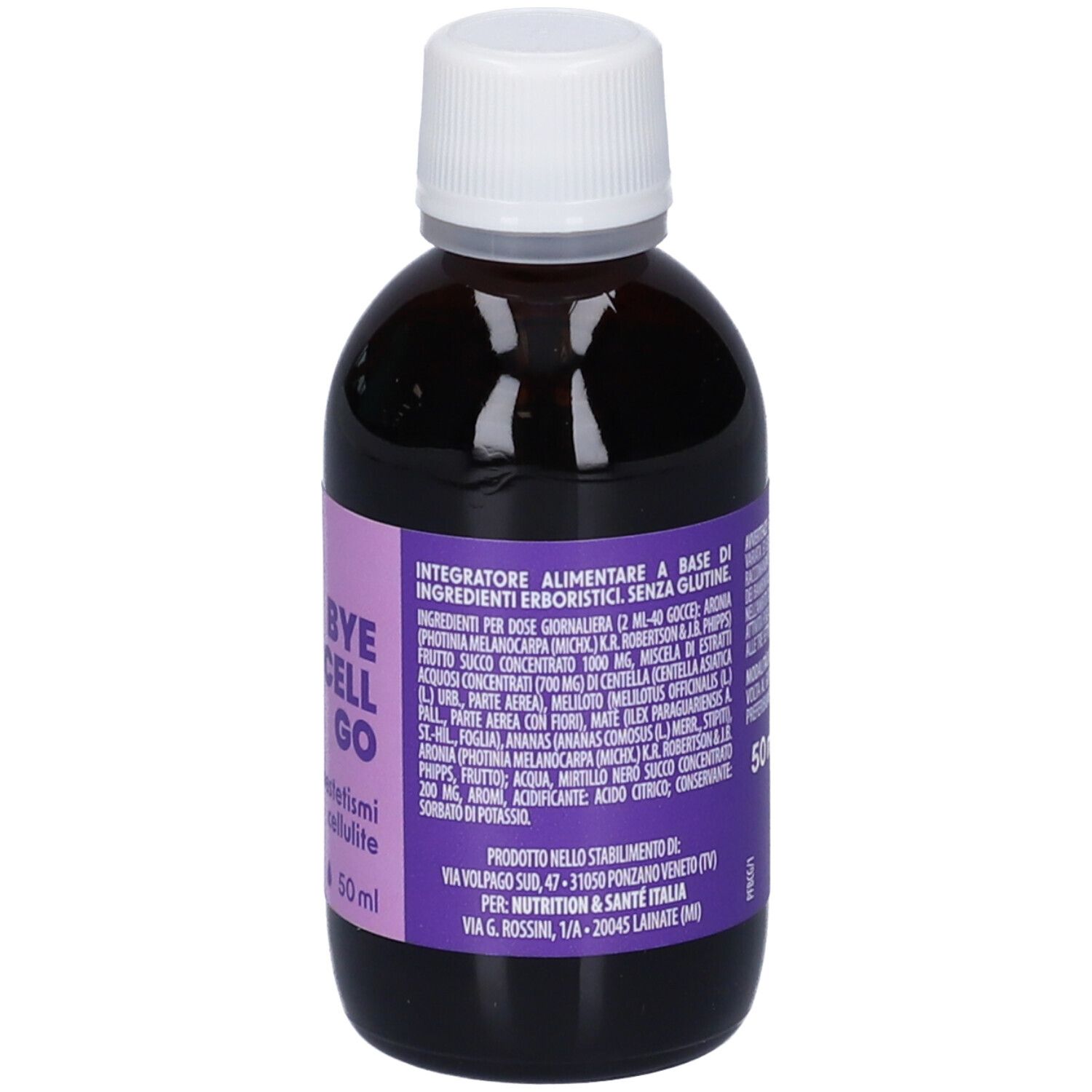 Flacone di vetro marrone con tappo bianco. Etichetta viola con testo e ingredienti.