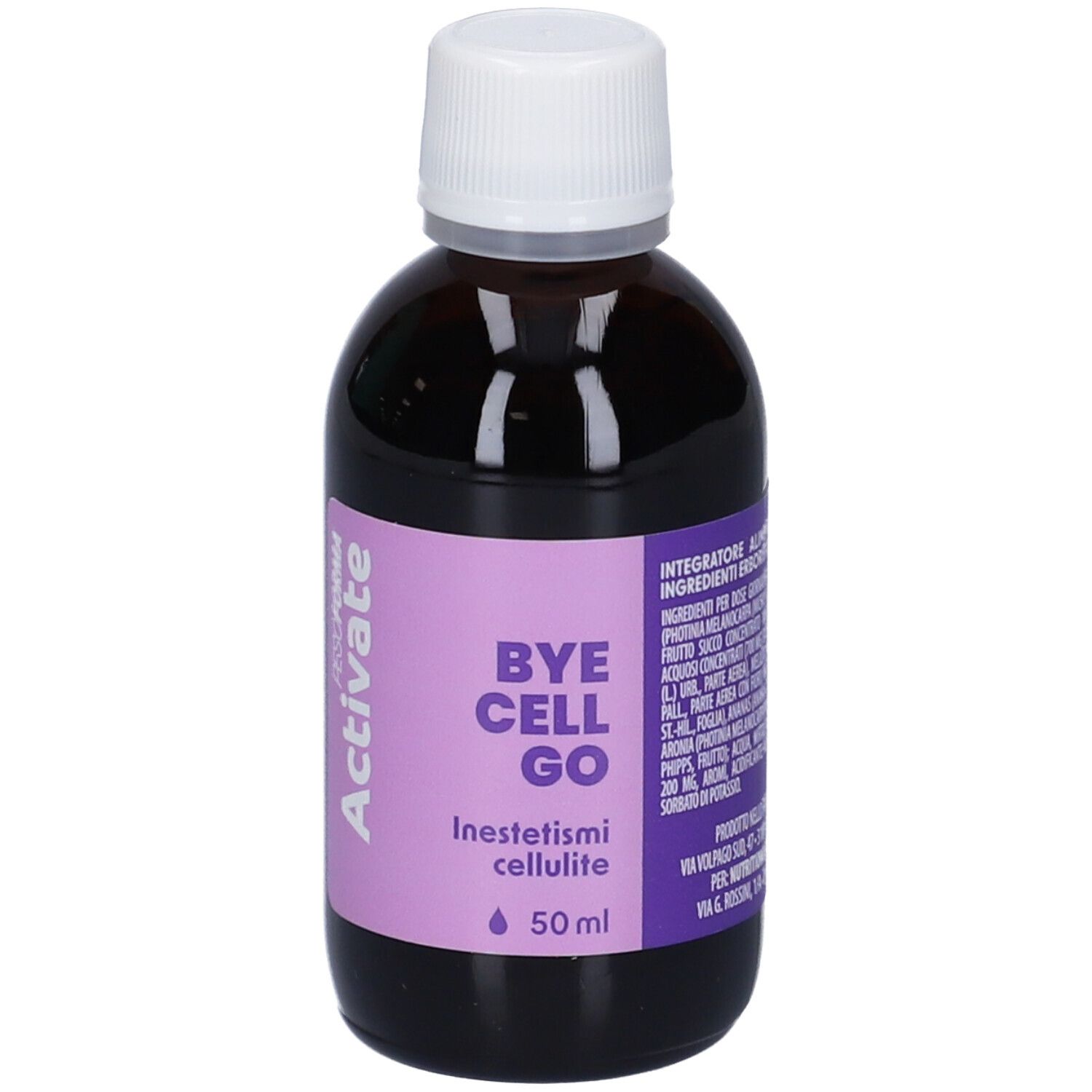 Flacone di vetro marrone con tappo bianco. Etichetta viola con testo: Activate, Bye Cell Go, Inestetismi cellulite, 50 ml.