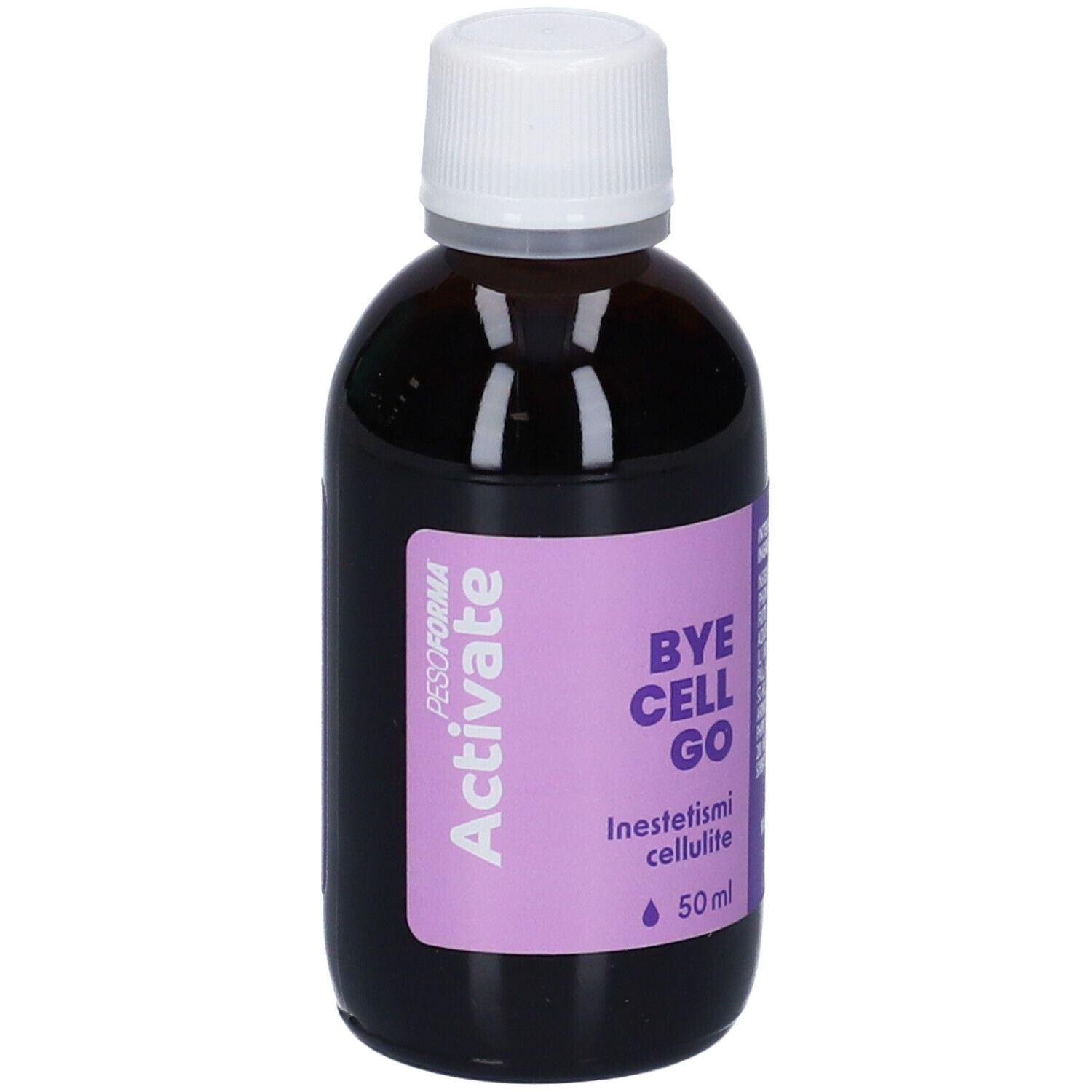 Flacone di vetro marrone con tappo bianco. Etichetta viola con testo: Activate, Bye Cell Go, Inestetismi cellulite, 50 ml.