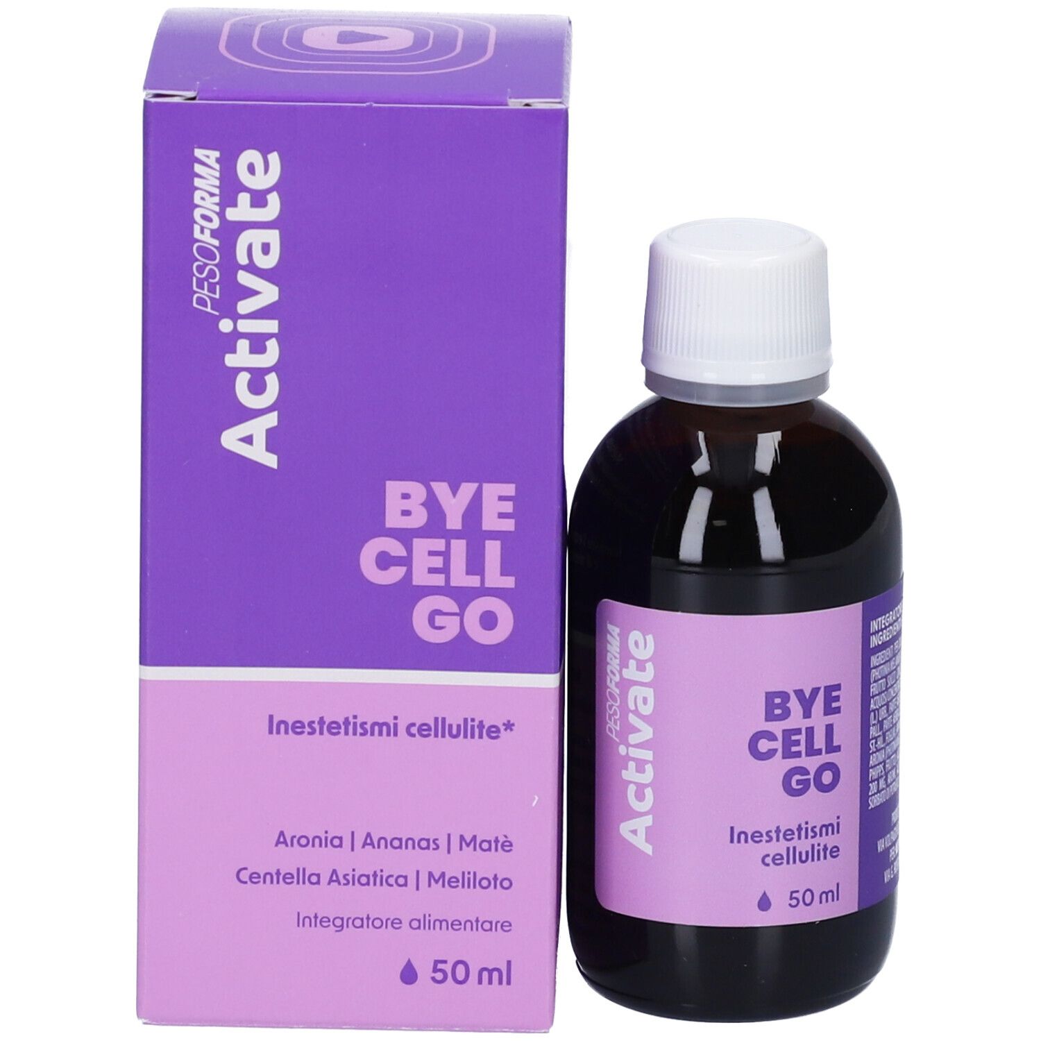 Flacone e confezione del prodotto. Confezione viola con testo: Activate, Bye Cell Go, Inestetismi cellulite, 50 ml.