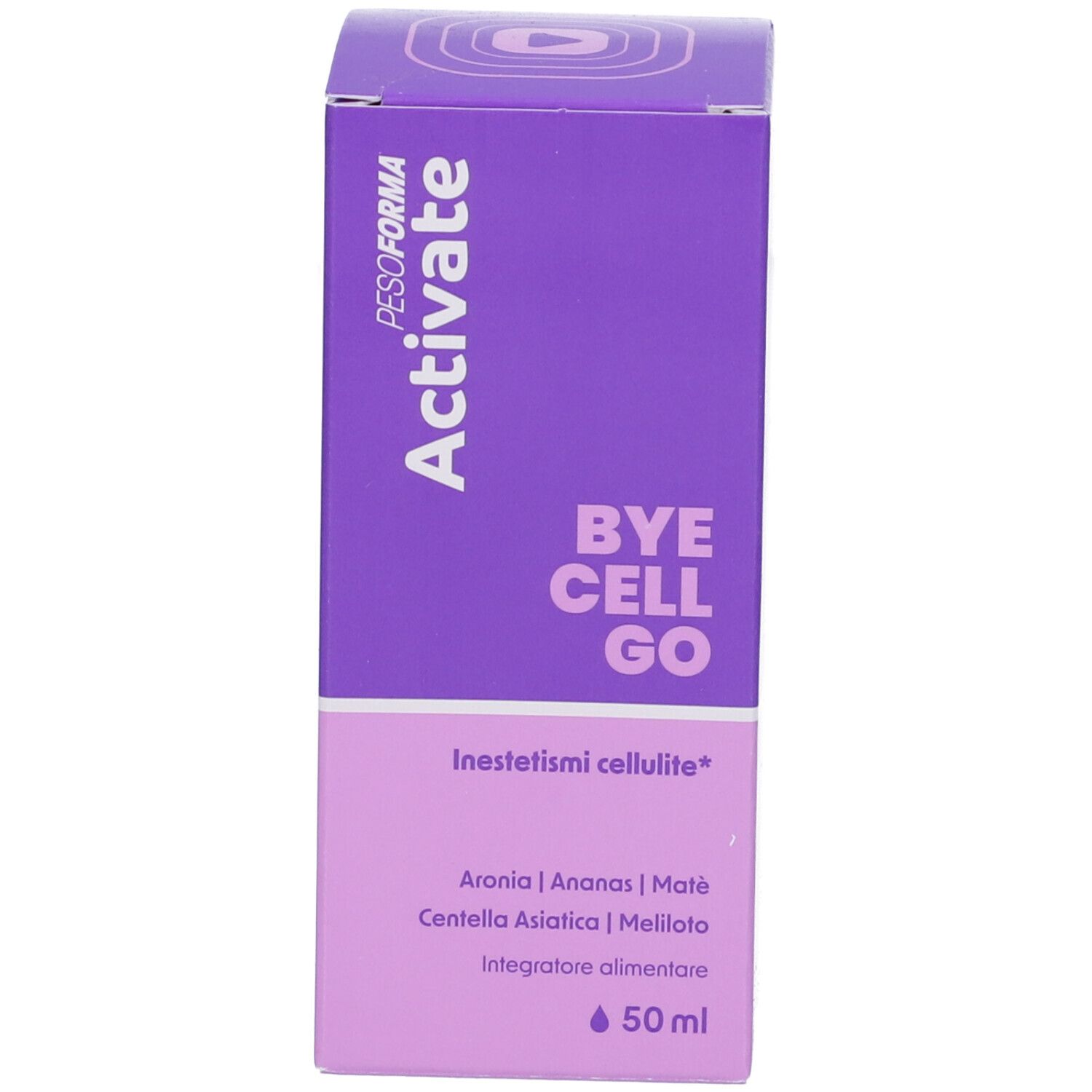 Confezione viola con testo: Activate, Bye Cell Go, Inestetismi cellulite, 50 ml. Ingredienti: Aronia, Ananas, Maté, Centella Asiatica, Meliloto.