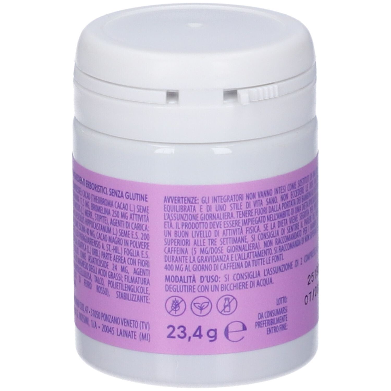 Barattolo bianco, lato con testo. Testo: PESOFORMA Activate, 23,4 g e. Ulteriori informazioni testuali.