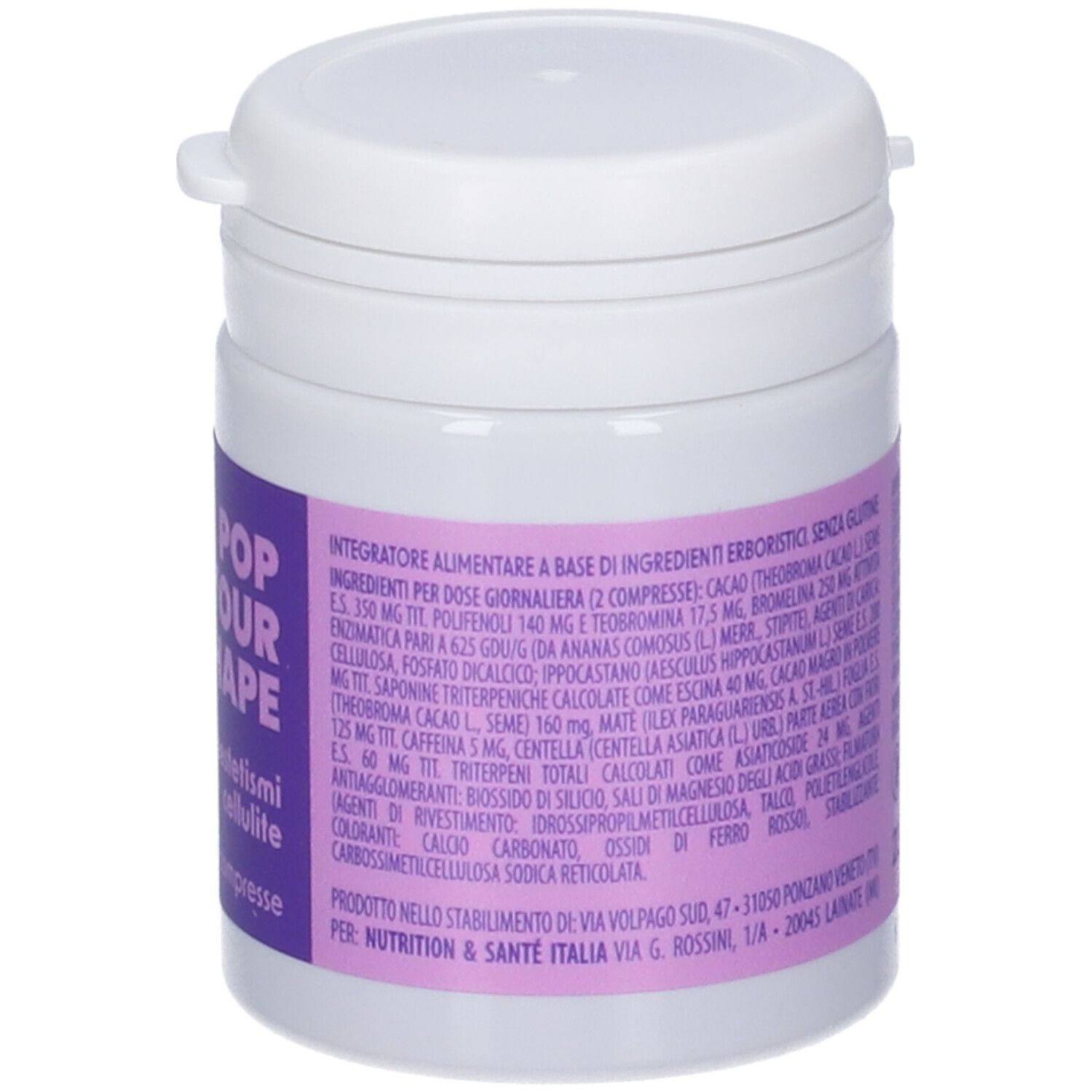 Barattolo bianco, lato con testo. Testo: Pop Your Shape, Inestetismi cellulite, 30 compresse. Ulteriori info.