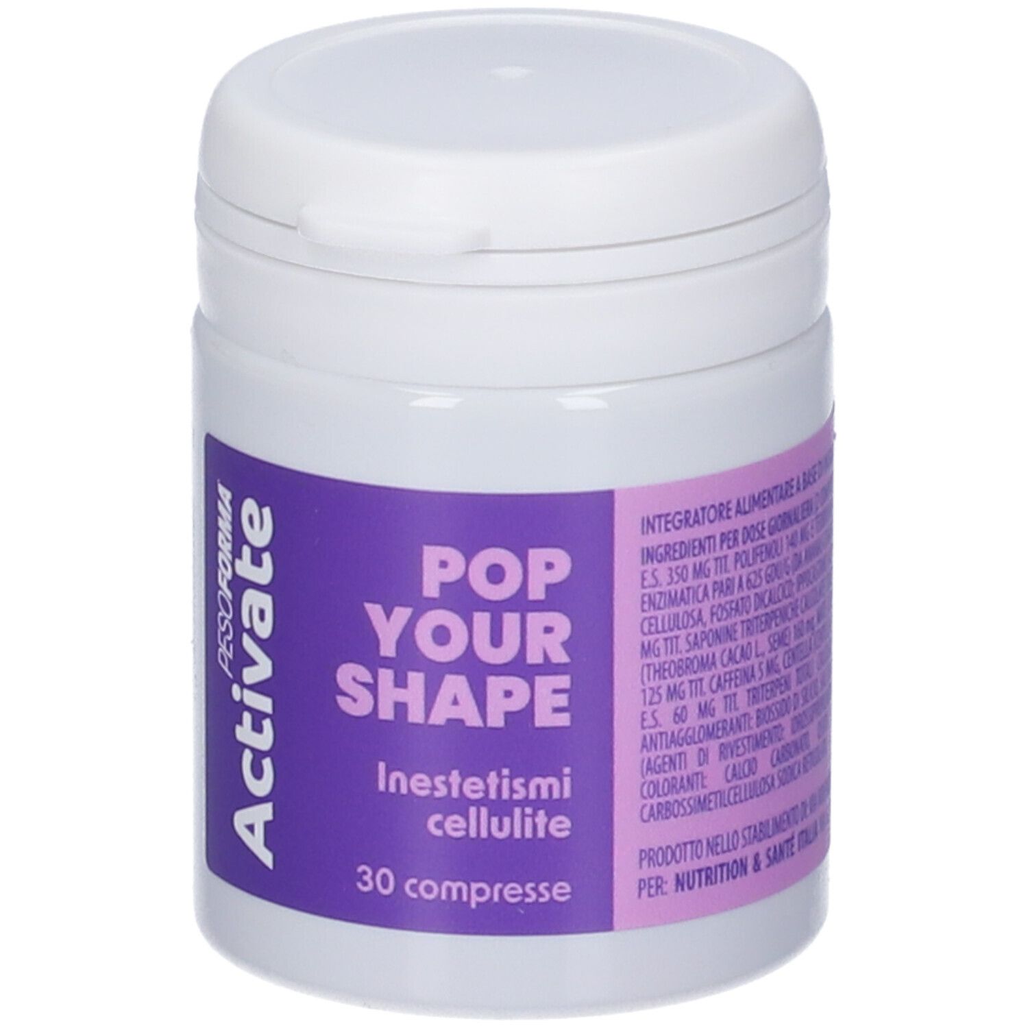Barattolo bianco con etichetta viola. Testo: PESOFORMA Activate, Pop Your Shape, Inestetismi cellulite, 30 compresse.