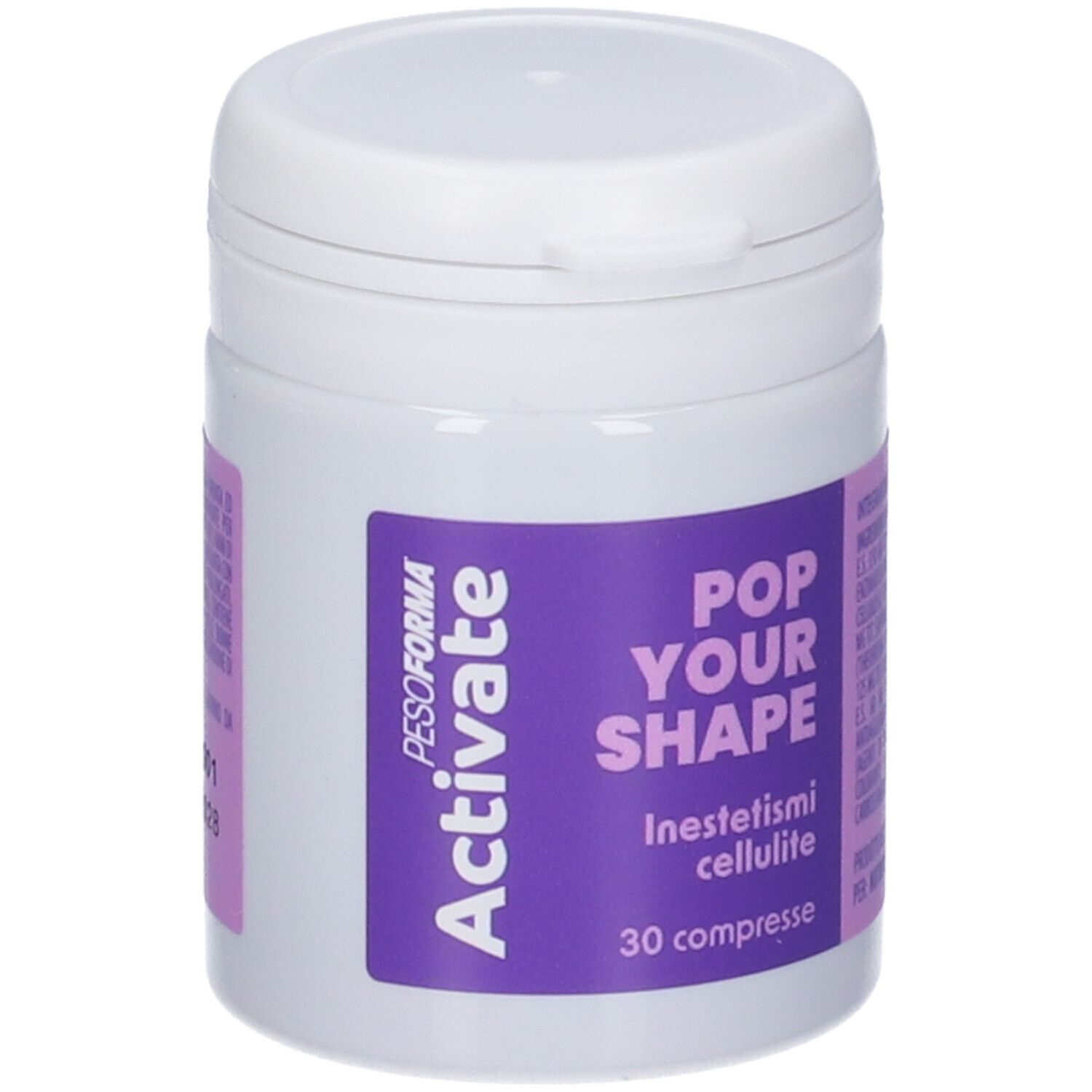 Barattolo bianco con etichetta viola. Testo: PESOFORMA Activate, Pop Your Shape, Inestetismi cellulite, 30 compresse.
