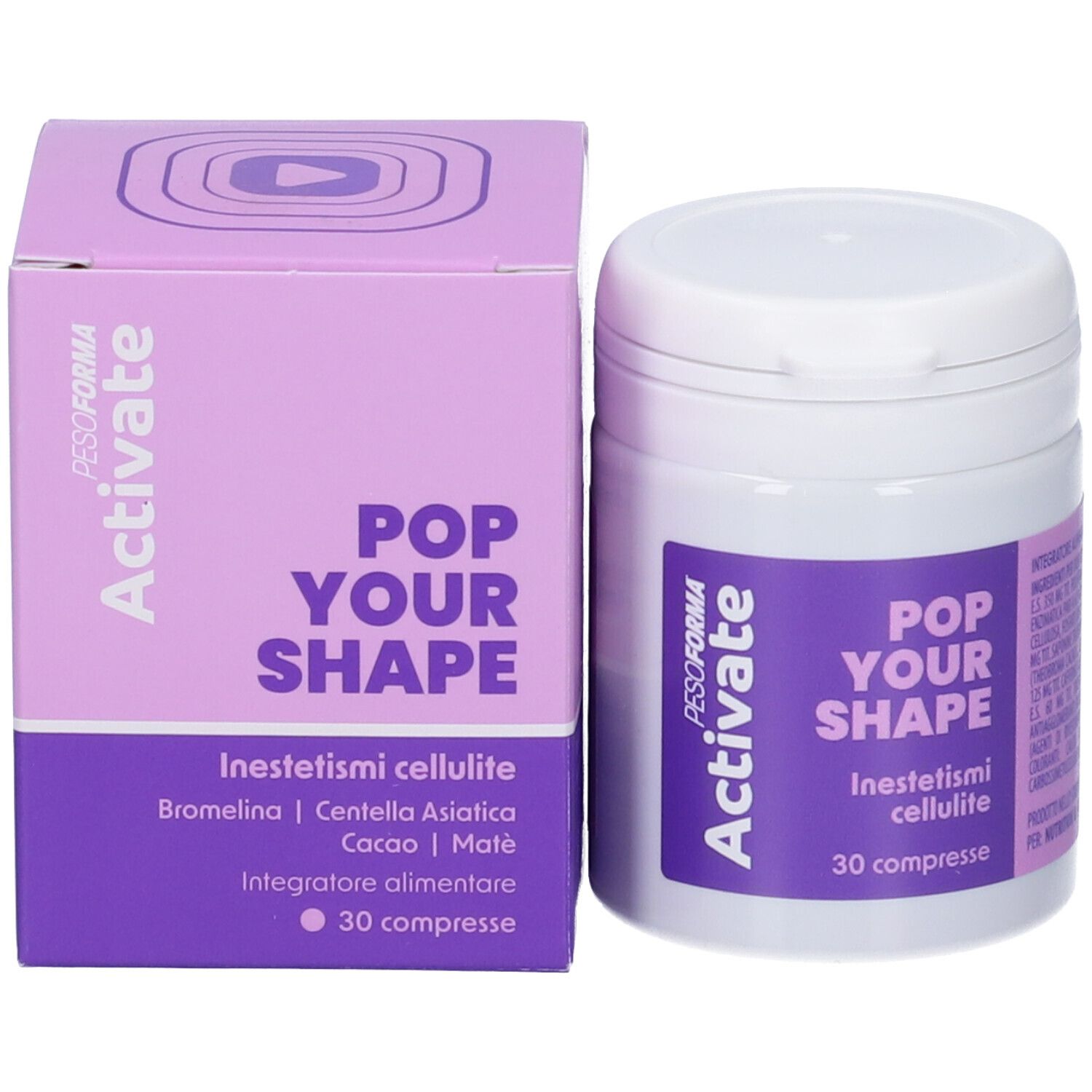 Confezione del prodotto: barattolo e scatola. Testo: PESOFORMA Activate, Pop Your Shape, Inestetismi cellulite, 30 compresse.