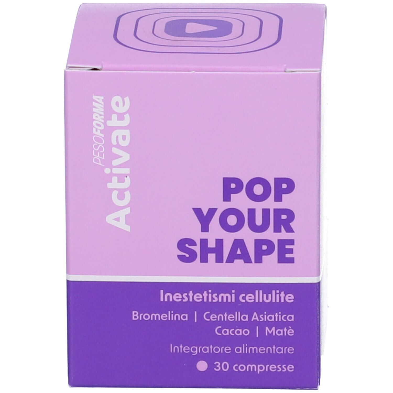 Scatola viola. Testo: PESOFORMA Activate, Pop Your Shape, Inestetismi cellulite, 30 compresse.