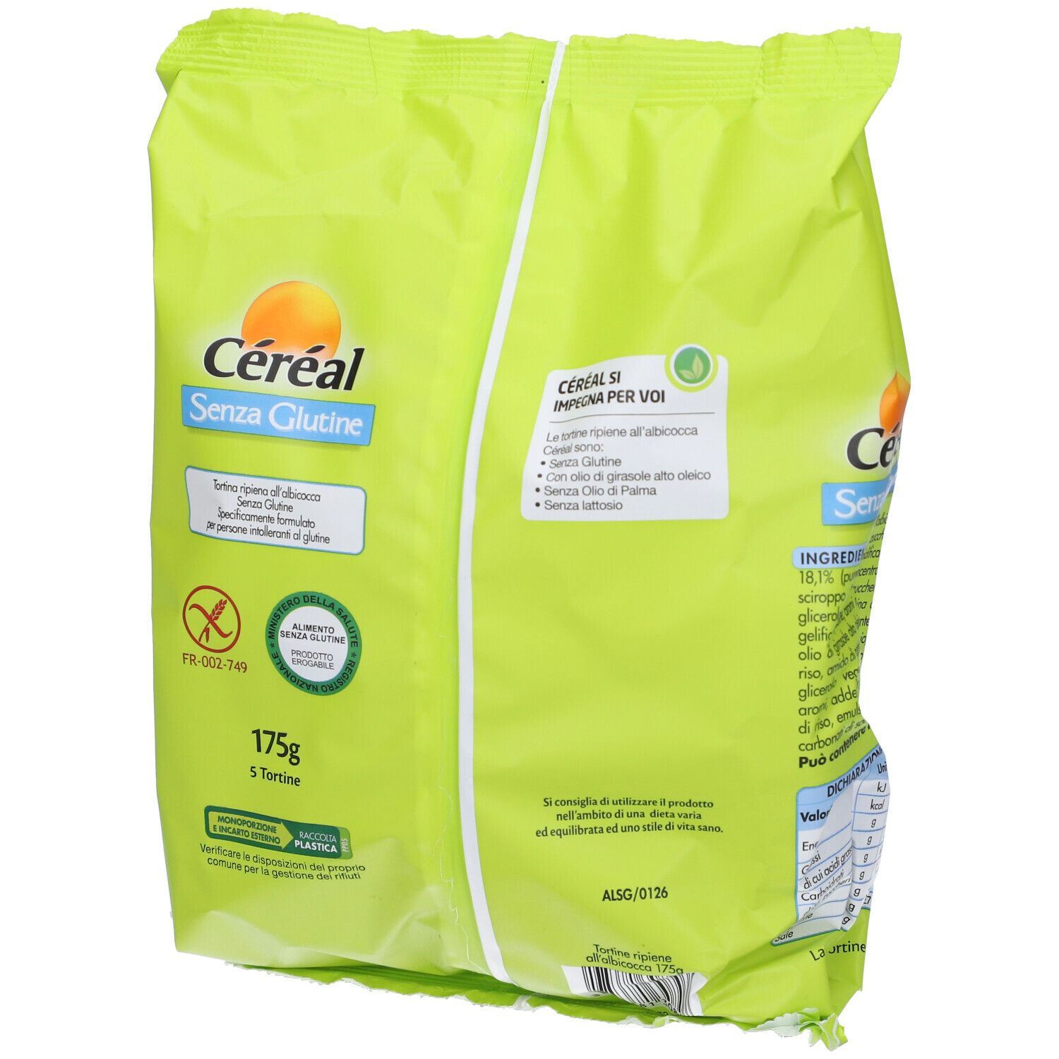 Retro della confezione verde. Logo Céréal, 'Senza Glutine', 175g, 5 tortine. Informazioni nutrizionali.