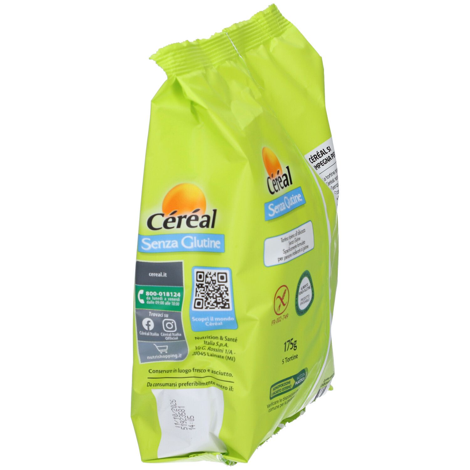Confezione verde, vista laterale. Logo Céréal, 'Senza Glutine'. Codice QR, contatti e data di scadenza.
