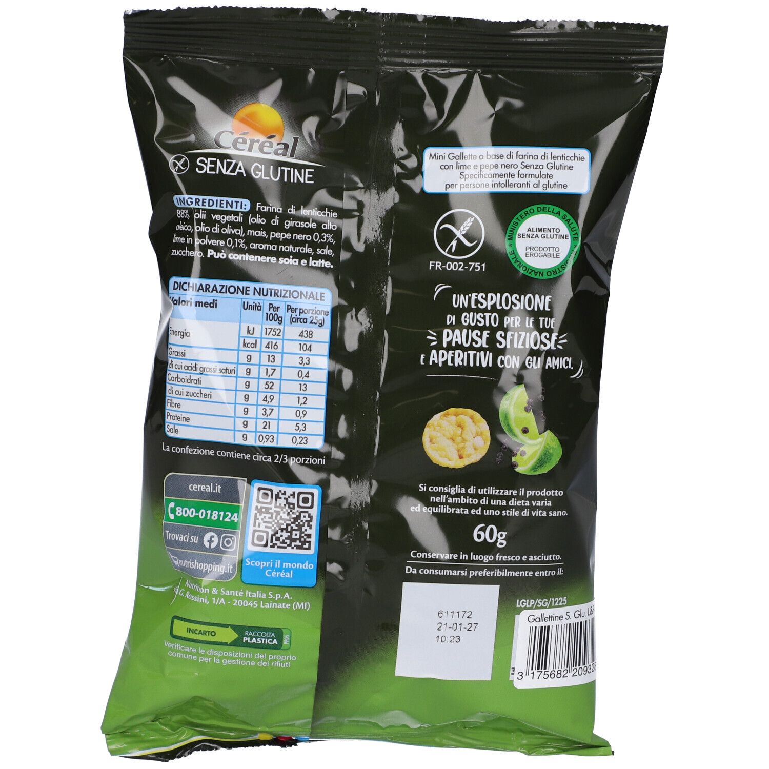 Retro della confezione Cereal Gallettine Lime & Pepper con tabella nutrizionale e lista ingredienti.
