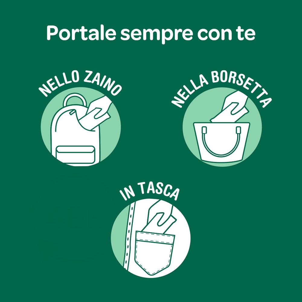 Illustrazioni: salviette in zaino, borsetta e tasca.