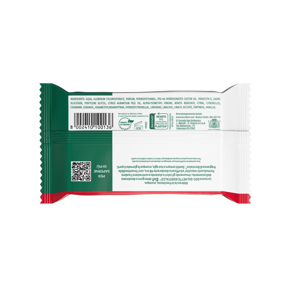 Retro della confezione delle salviette detergenti e deodoranti Borotalco Originale 2in1.