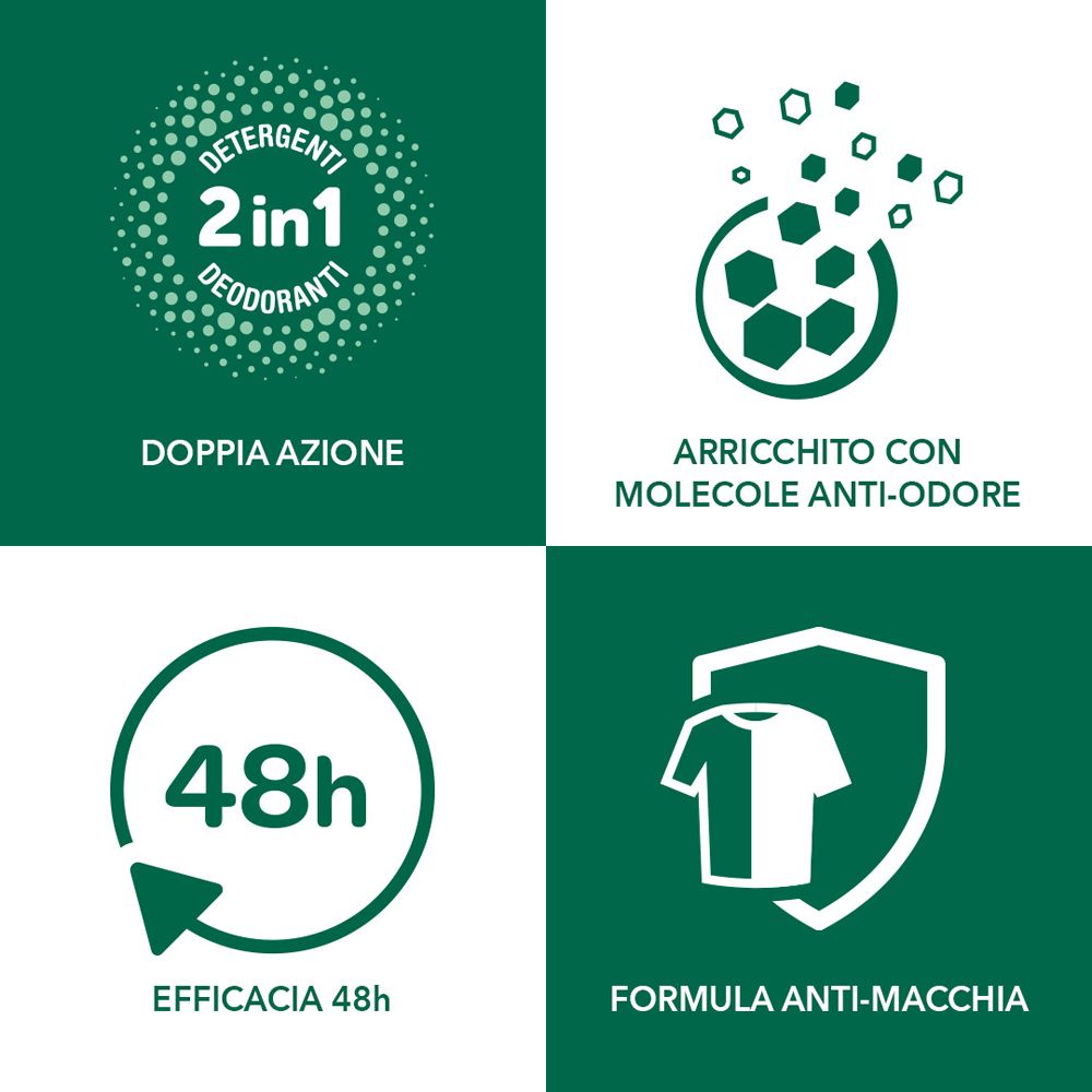Elementi grafici: 2in1, molecole anti-odore, efficacia 48h, formula anti-macchia. Sfondo verde.