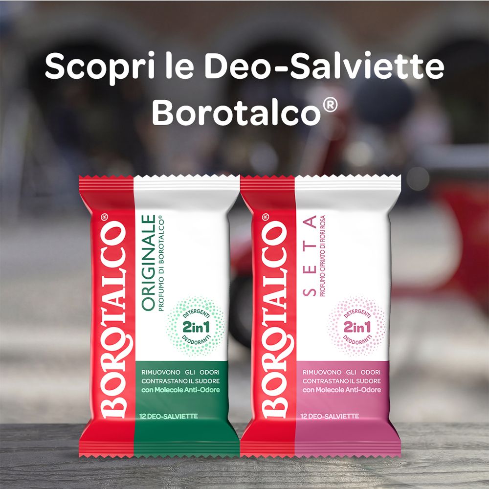 Due confezioni di salviette Borotalco® Deo-Salviette. Originale e Seta. Entrambe con funzione 2in1. Confezioni rosse e verdi.