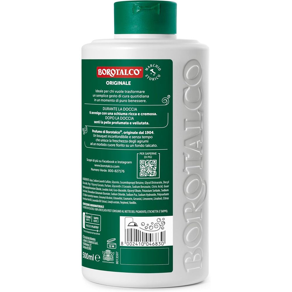Retro del flacone di bagnodoccia Borotalco®. Testo in italiano, codice QR, elementi verdi e bianchi.