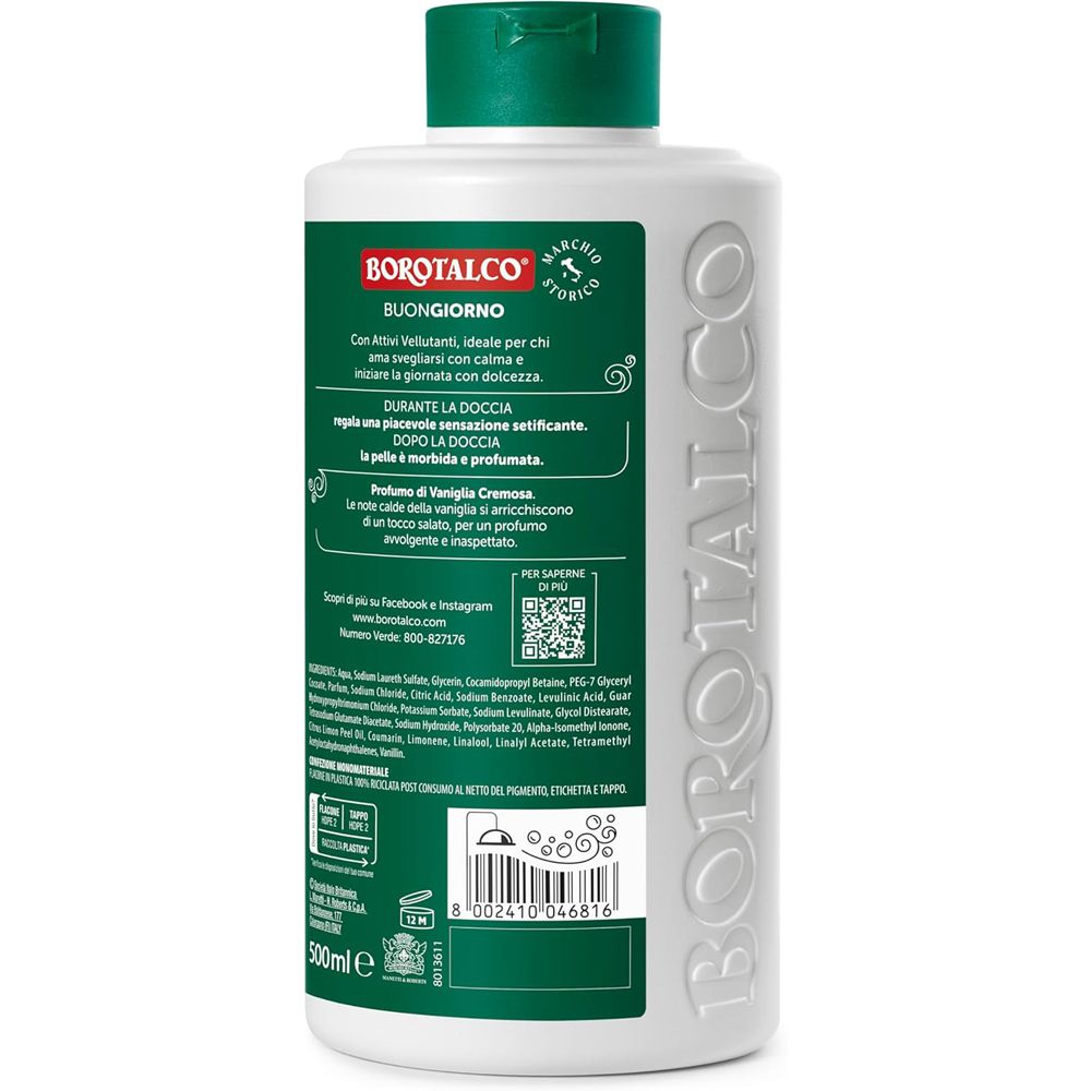 Retro del bagnodoccia Borotalco®. Testo e codice QR su sfondo verde. 500ml.