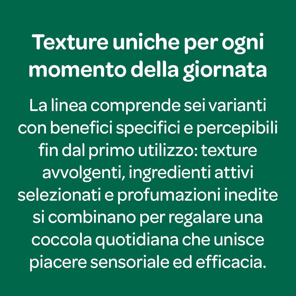 Testo su sfondo verde. Testo sulla linea di prodotti con sei varianti e benefici sensoriali.