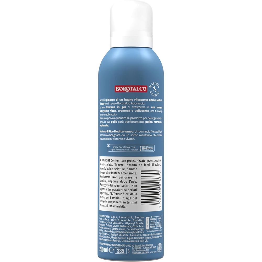 Retro del flacone blu. Testo: Borotalco, ingredienti, avvertenze, 200ml.