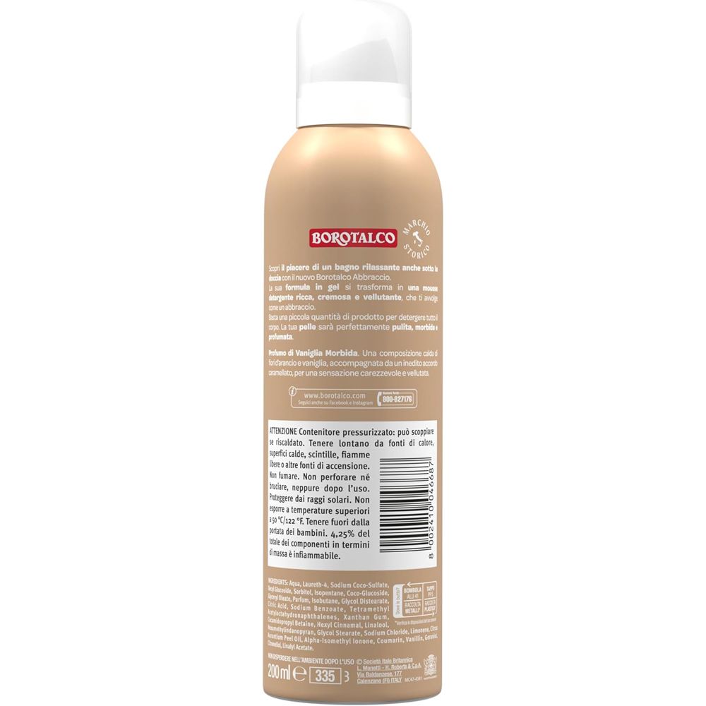 Retro del flacone Borotalco®. Testo: informazioni sul prodotto, ingredienti, avvertenze, indirizzo del produttore, codice a barre.