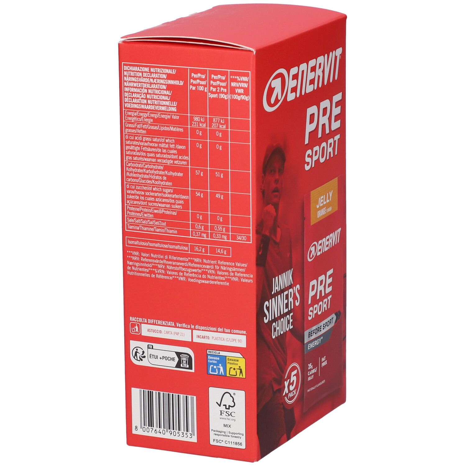 Retro della confezione Enervit Pre Sport Jelly Orange con informazioni nutrizionali.