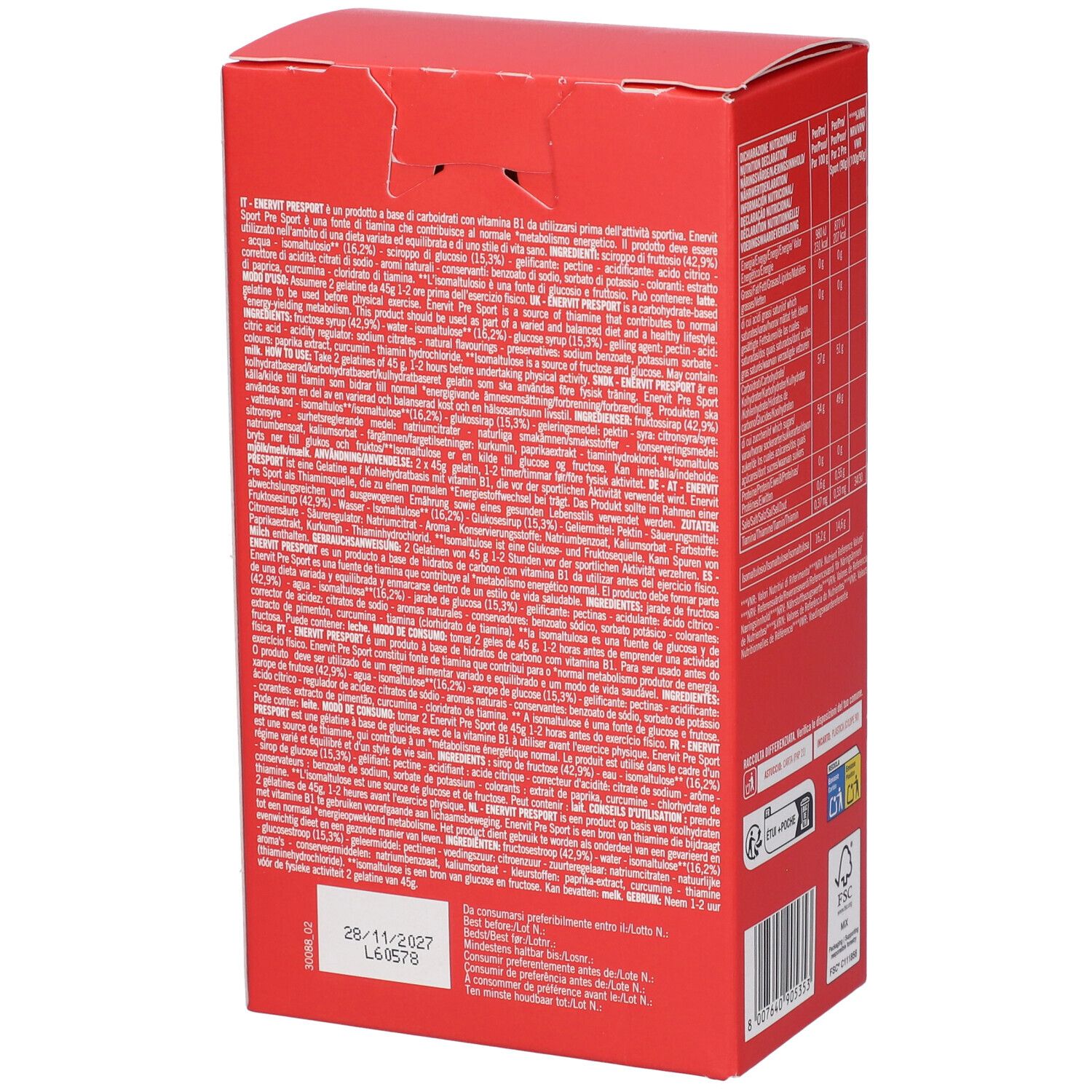 Lato della confezione Enervit Pre Sport Jelly Orange con informazioni dettagliate.