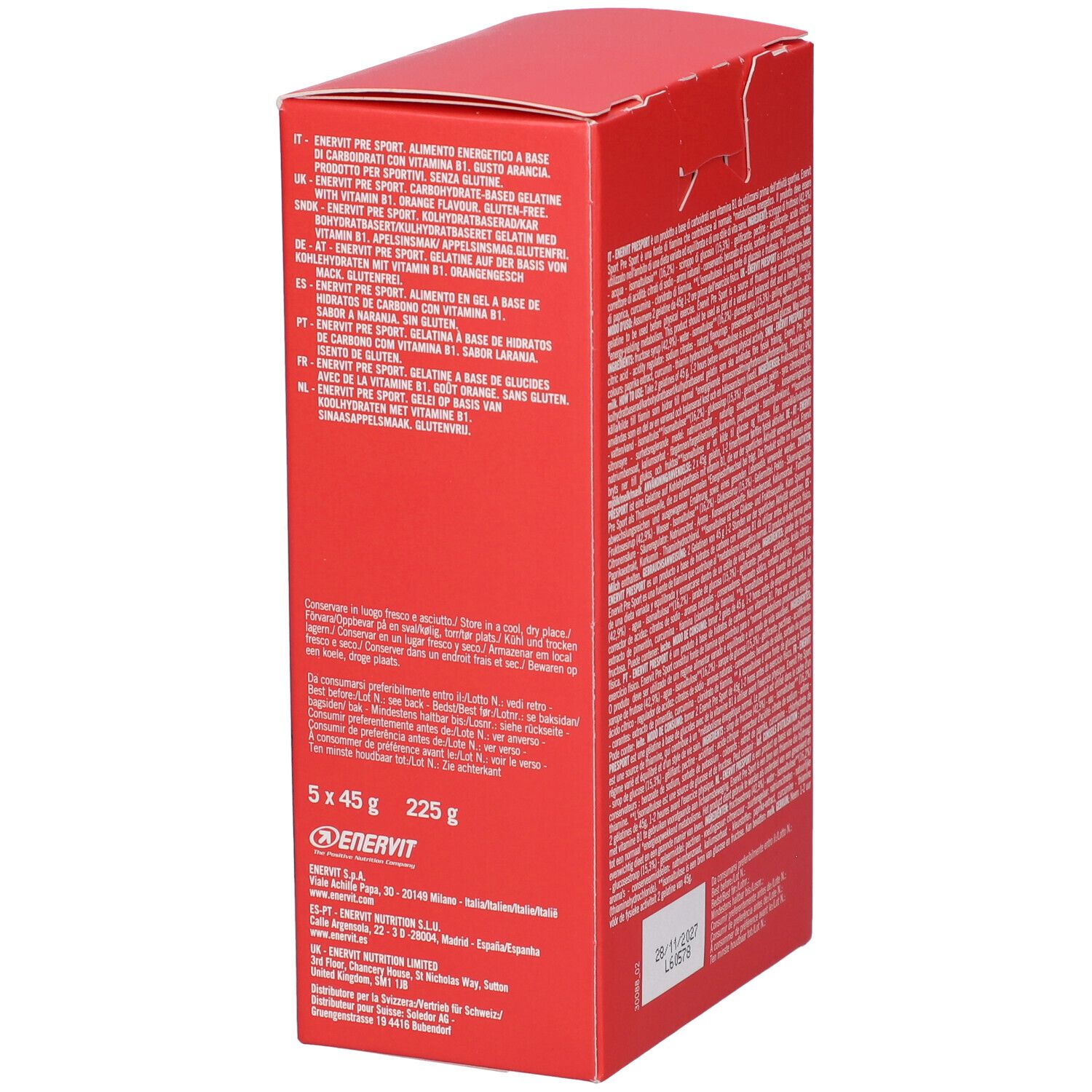 Lato della confezione Enervit Pre Sport Jelly Orange con descrizione del prodotto.
