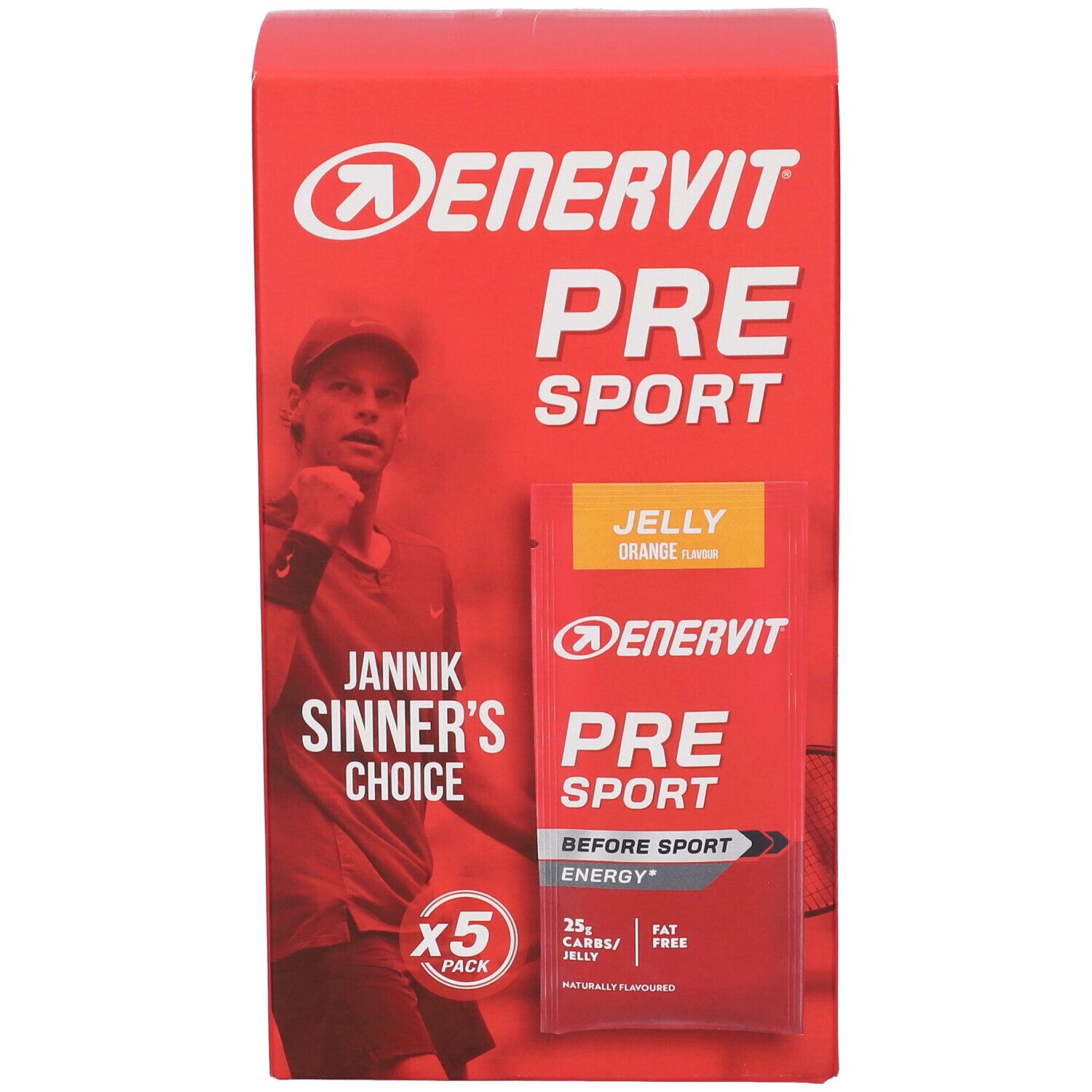 Fronte della confezione Enervit Pre Sport Jelly Orange con 5 bustine.