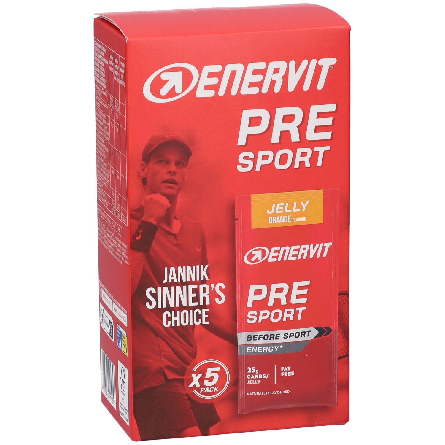 Confezione Enervit Pre Sport Jelly Orange da 5 bustine, vista frontale.