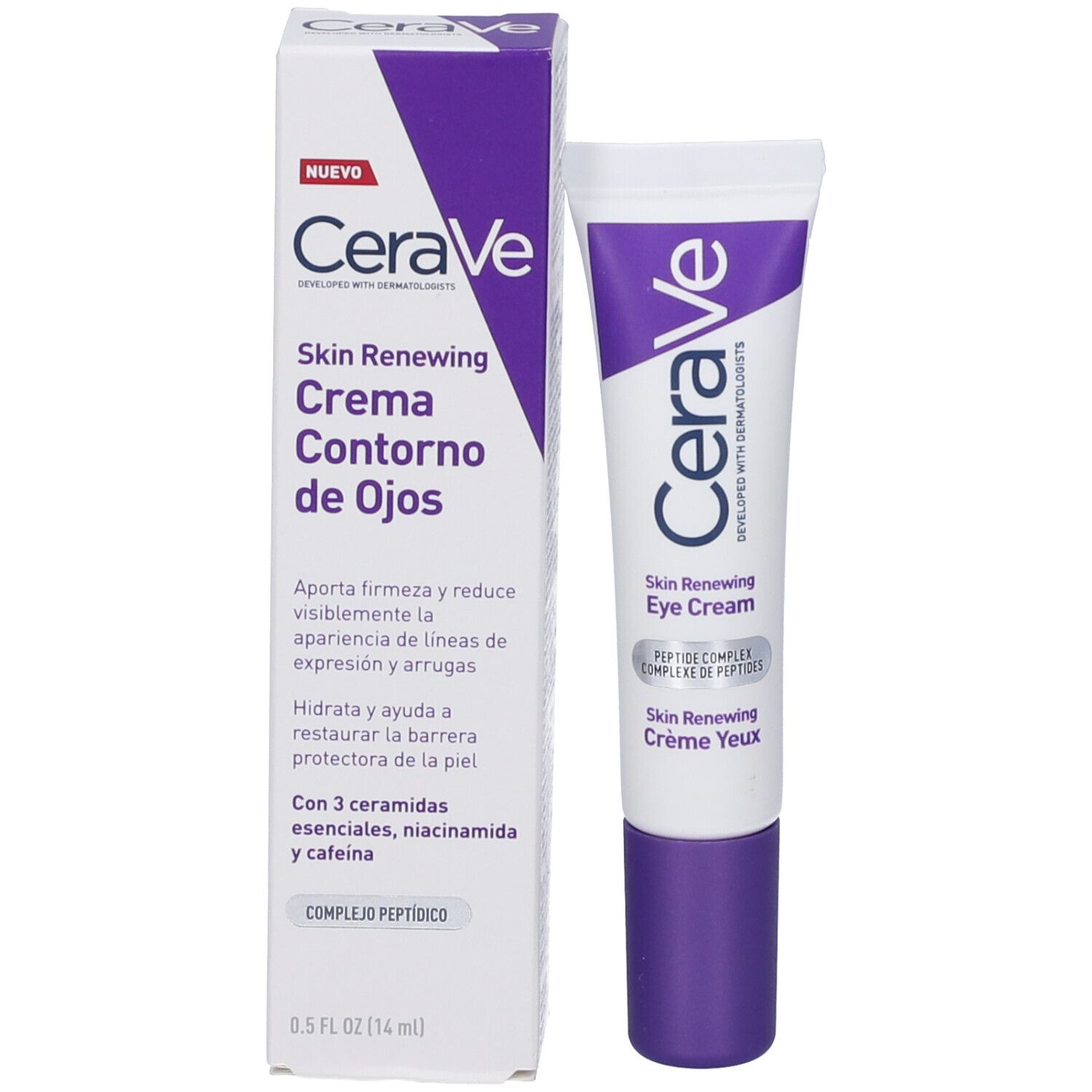 Confezione e tubo CeraVe. Crema Contorno de Ojos. Design bianco-viola. 0.5 FL OZ (14 ml).