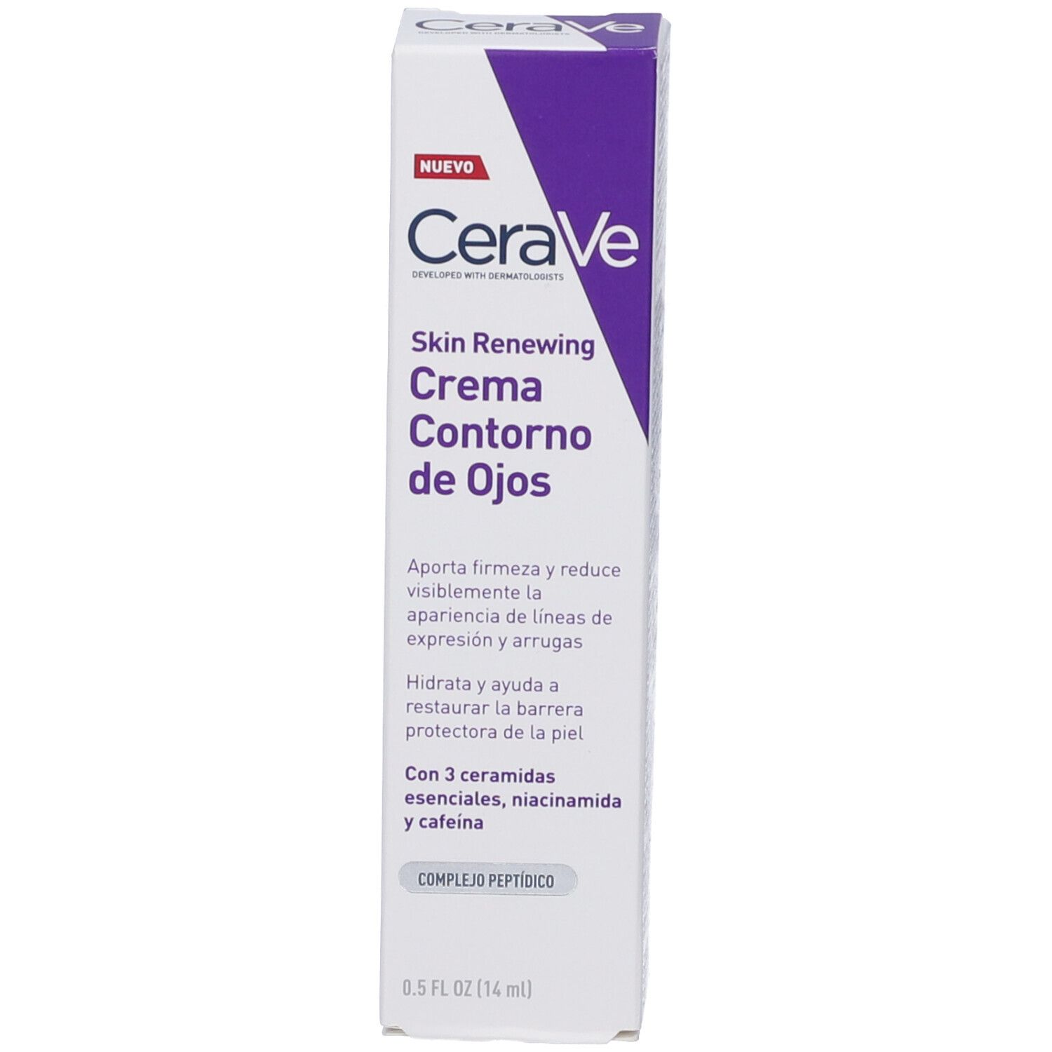 Confezione CeraVe. Crema Contorno de Ojos. Design bianco-viola. 0.5 FL OZ (14 ml).