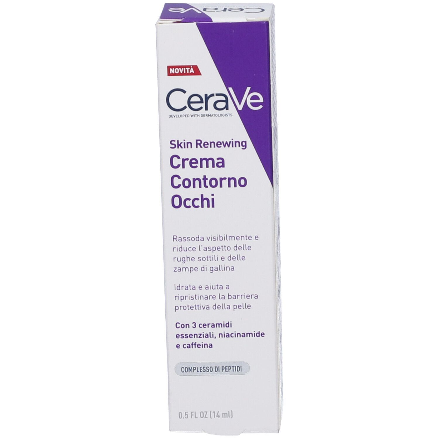 Confezione CeraVe. Crema Contorno Occhi. Design bianco-viola. 0.5 FL OZ (14 ml).