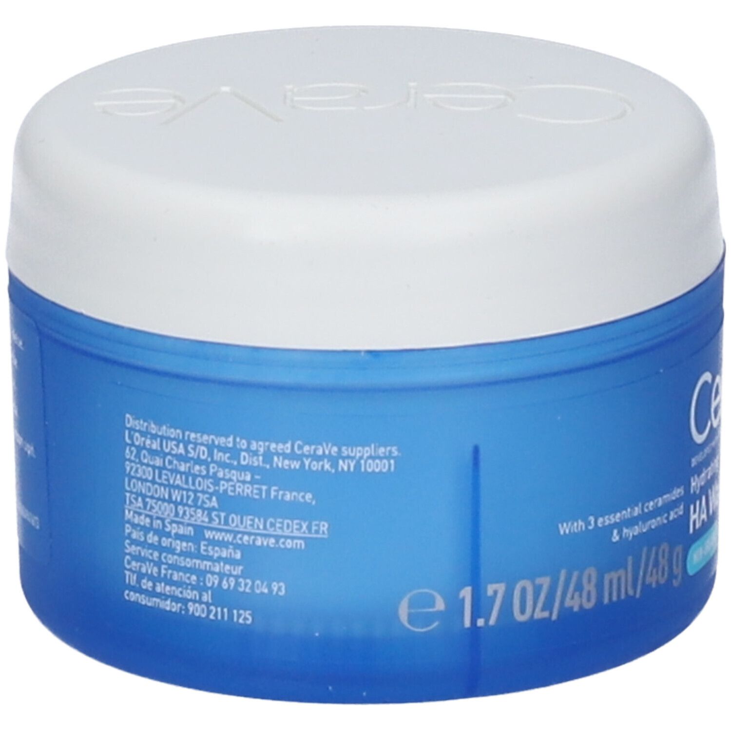 Retro del barattolo CeraVe HA Water Gel con informazioni sul prodotto e distributori.