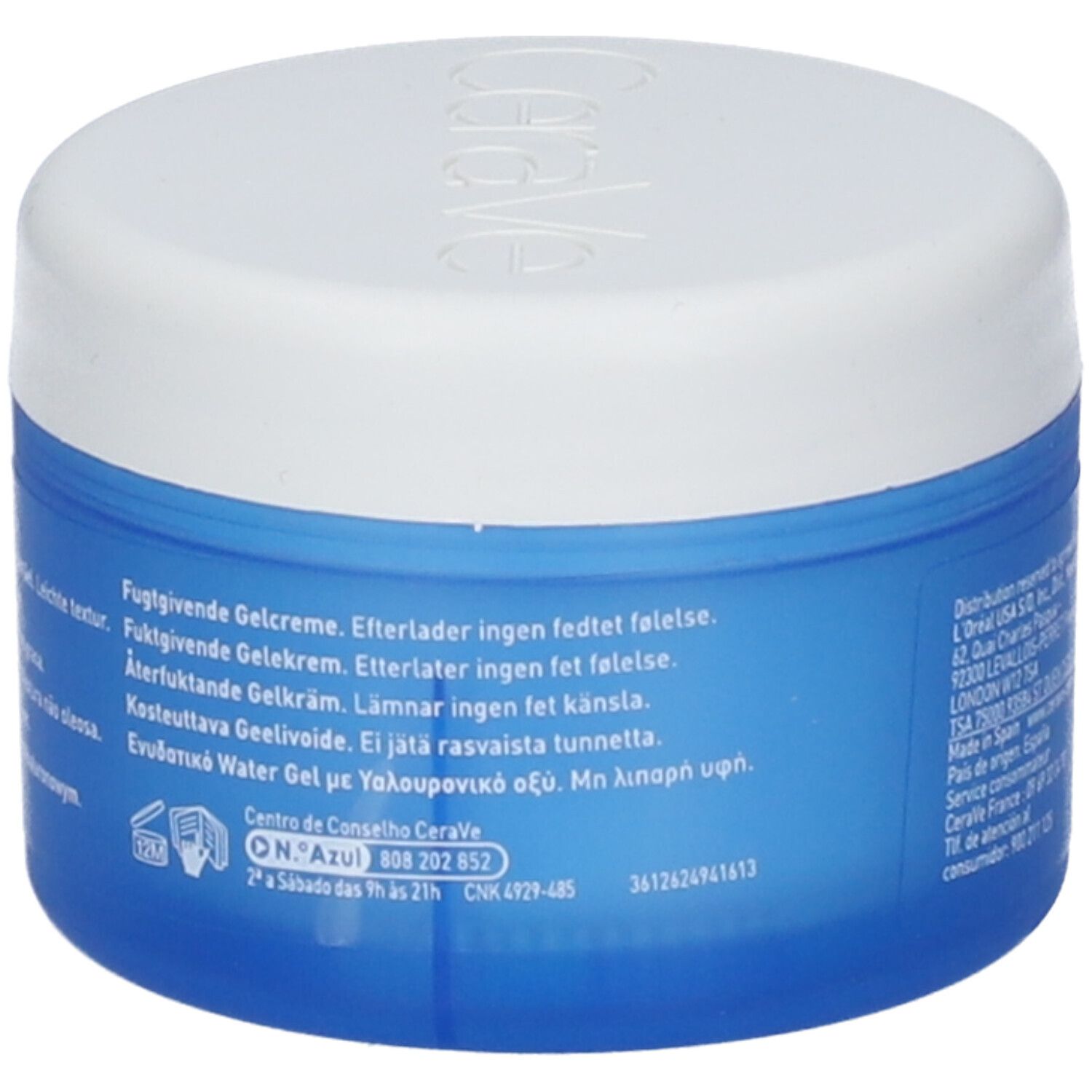 Vista laterale del barattolo CeraVe HA Water Gel con indicazioni multilingue.