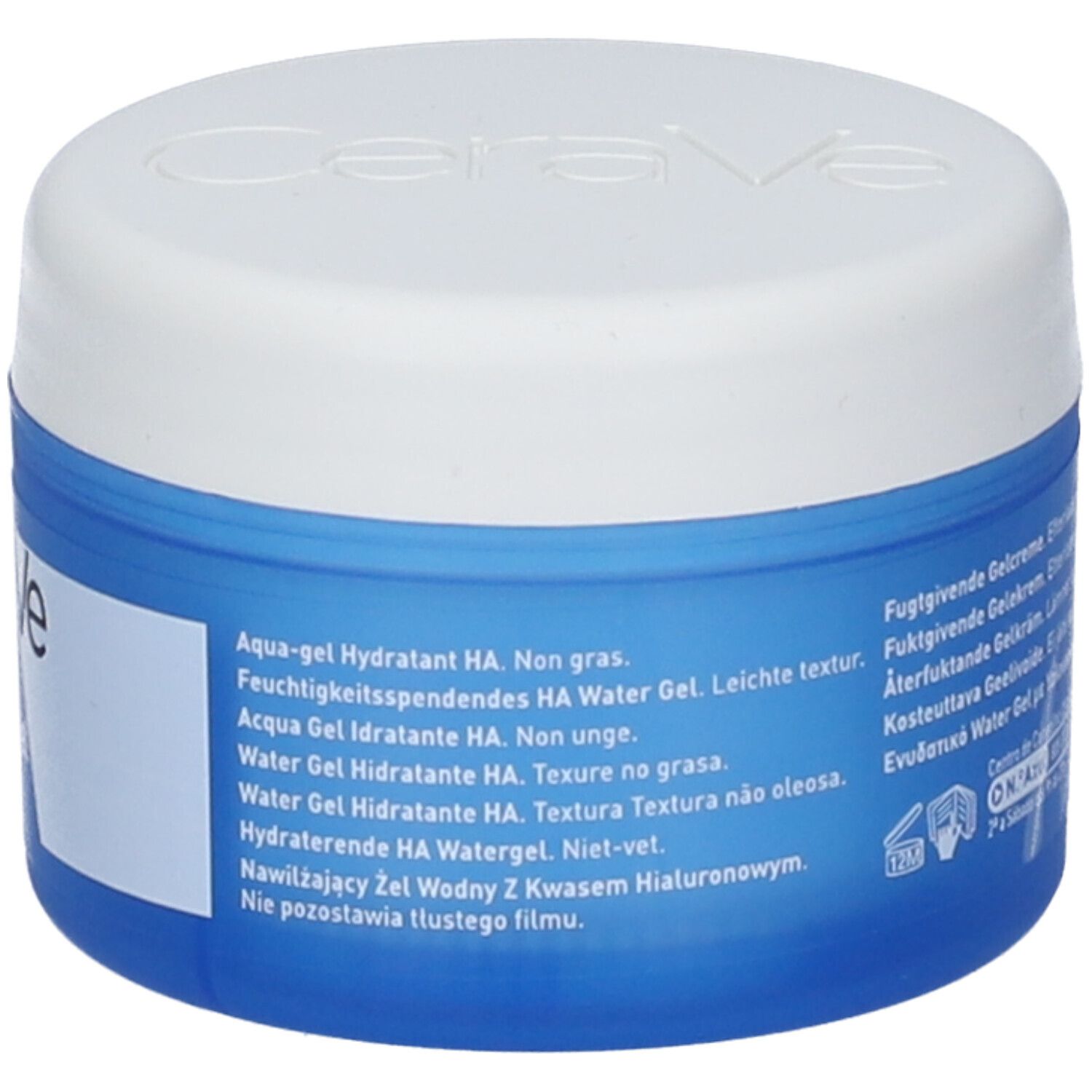 CeraVe HA Water Gel Acqua Gel Idratante con descrizioni prodotto multilingue.