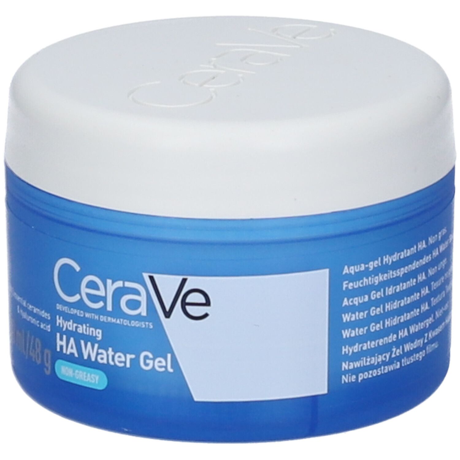 CeraVe HA Water Gel crema idratante, barattolo blu e bianco, fronte con testo.