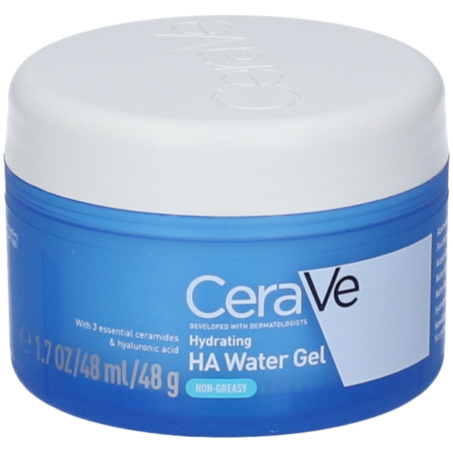 CeraVe HA Water Gel crema idratante, barattolo 48ml, fronte con caratteristiche prodotto.