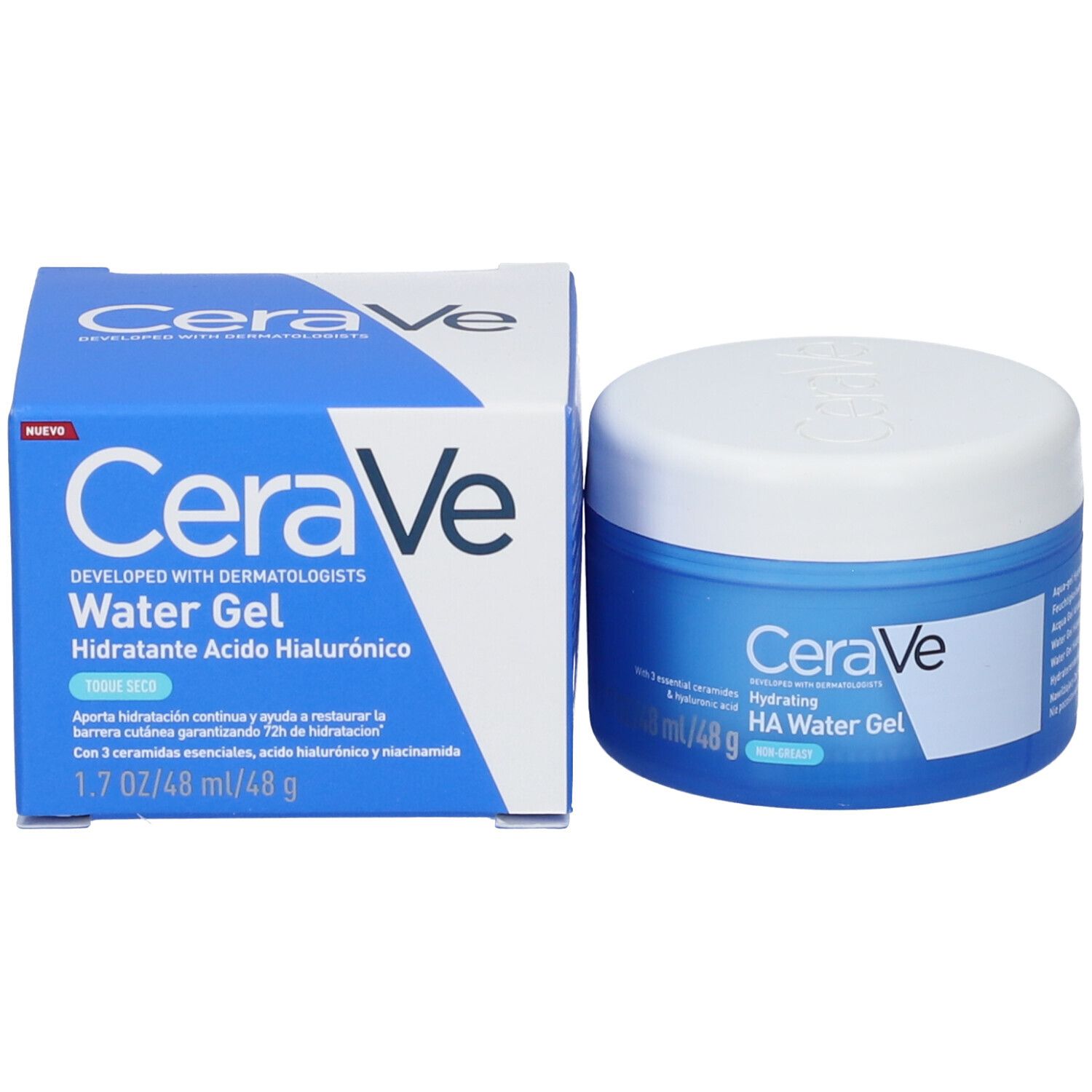 CeraVe HA Water Gel crema idratante accanto alla sua scatola di imballaggio blu.