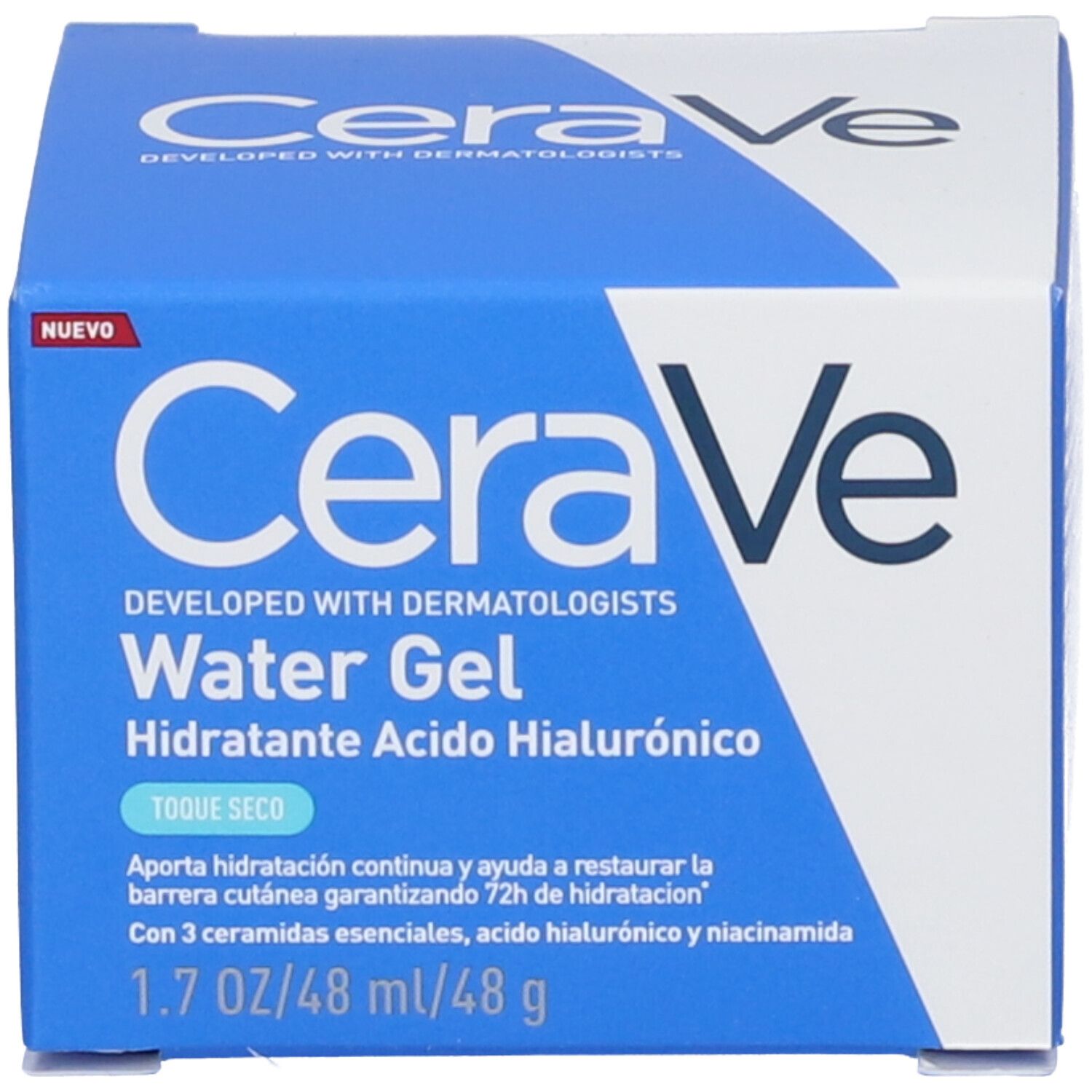 Scatola di imballaggio CeraVe HA Water Gel crema idratante con informazioni prodotto in spagnolo.