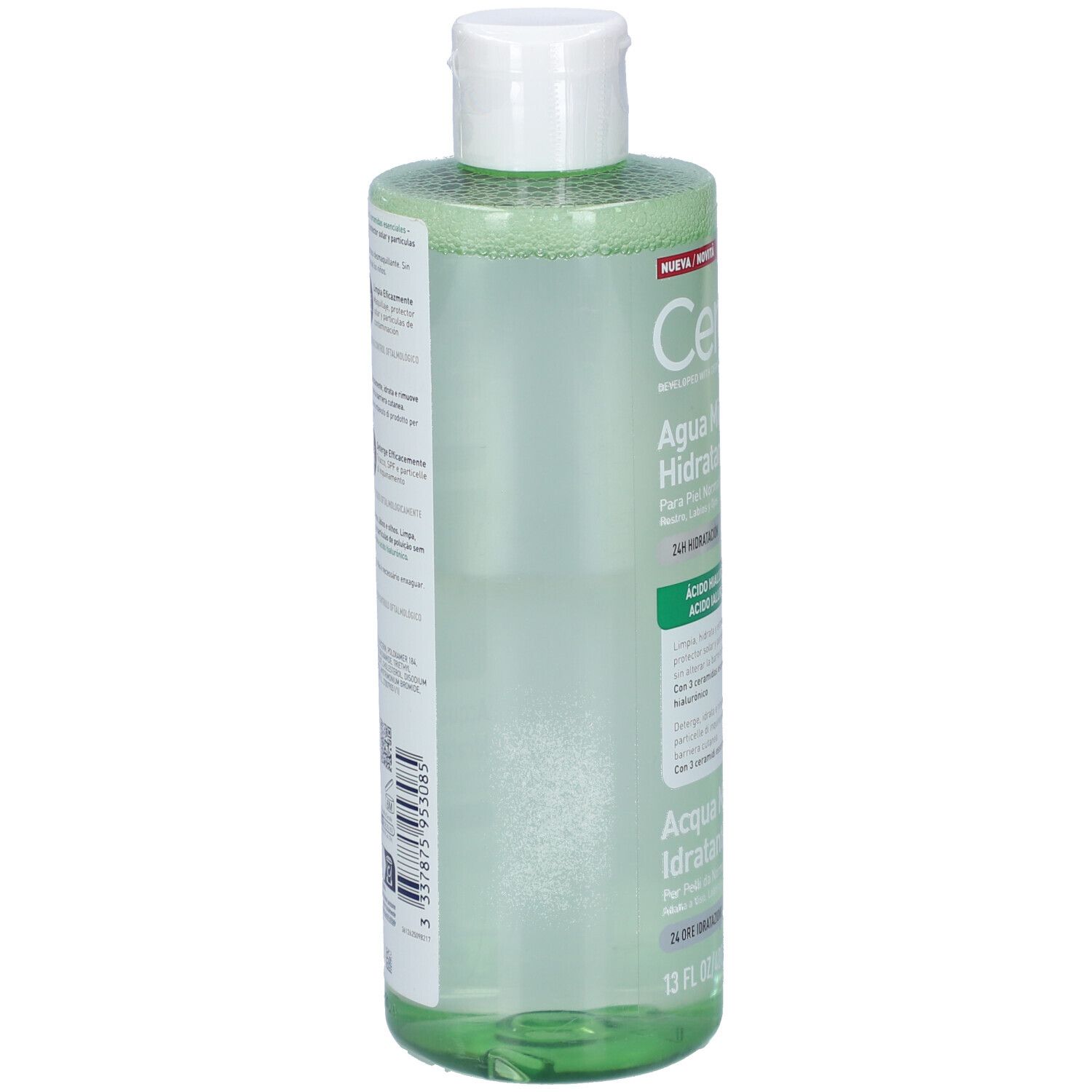 CeraVe Agua Micelar Hidratante, vista laterale di un flacone da 400ml. Liquido limpido con accento verde.