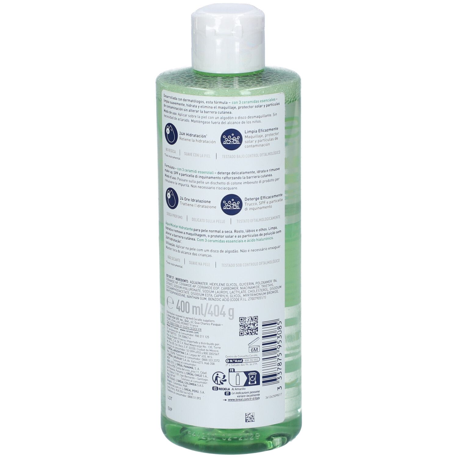 Retro del flacone CeraVe Agua Micelar Hidratante 400ml con informazioni sul prodotto e codice a barre.